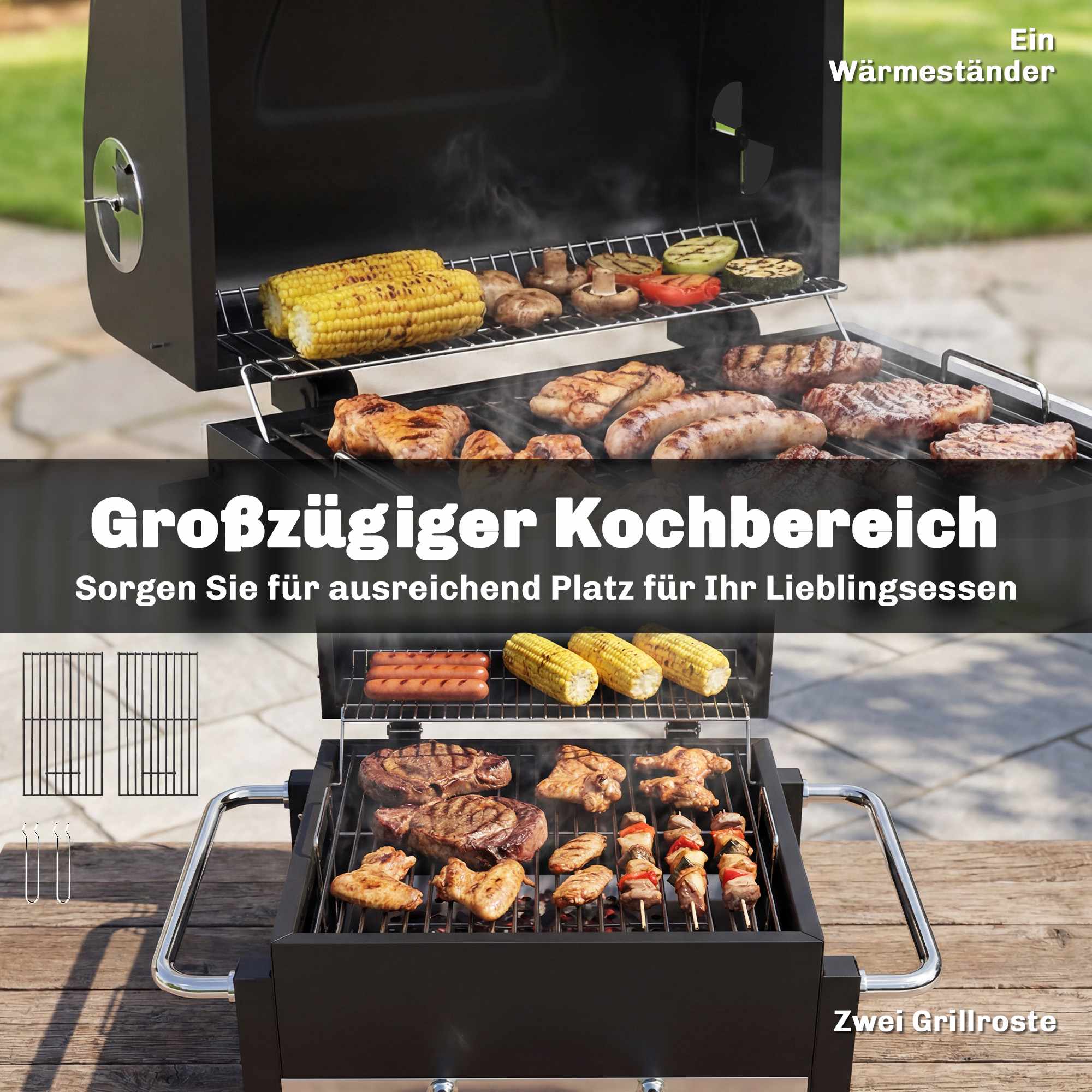 Bärbar stålkolgrill med lock och termometer
