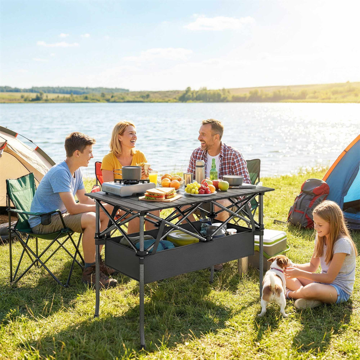 Bærbart sammenleggbart campingbord med nettingoppbevaring, svart