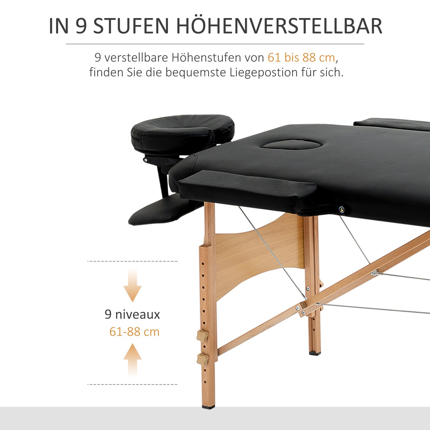 Bärbart hopfällbart massagebord, justerbar höjd, svart