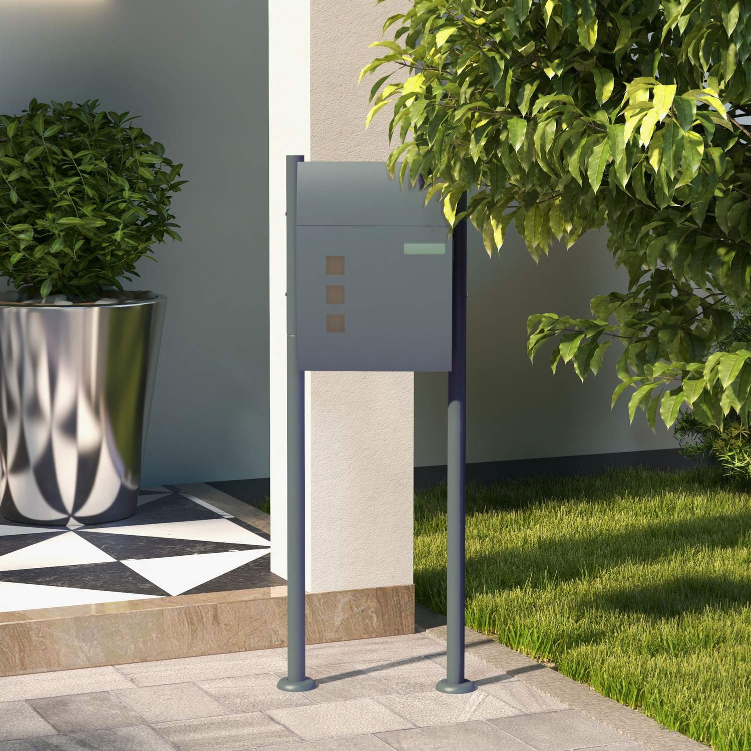 Brevlåda med ställ, tidningsfack & fönster, stål