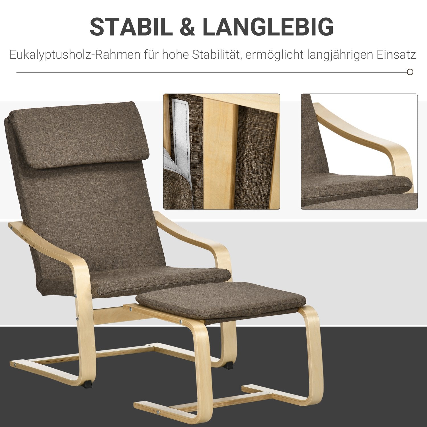 Brun avkopplingsstol & fotpall, linneöverdrag, 67x72x100 cm