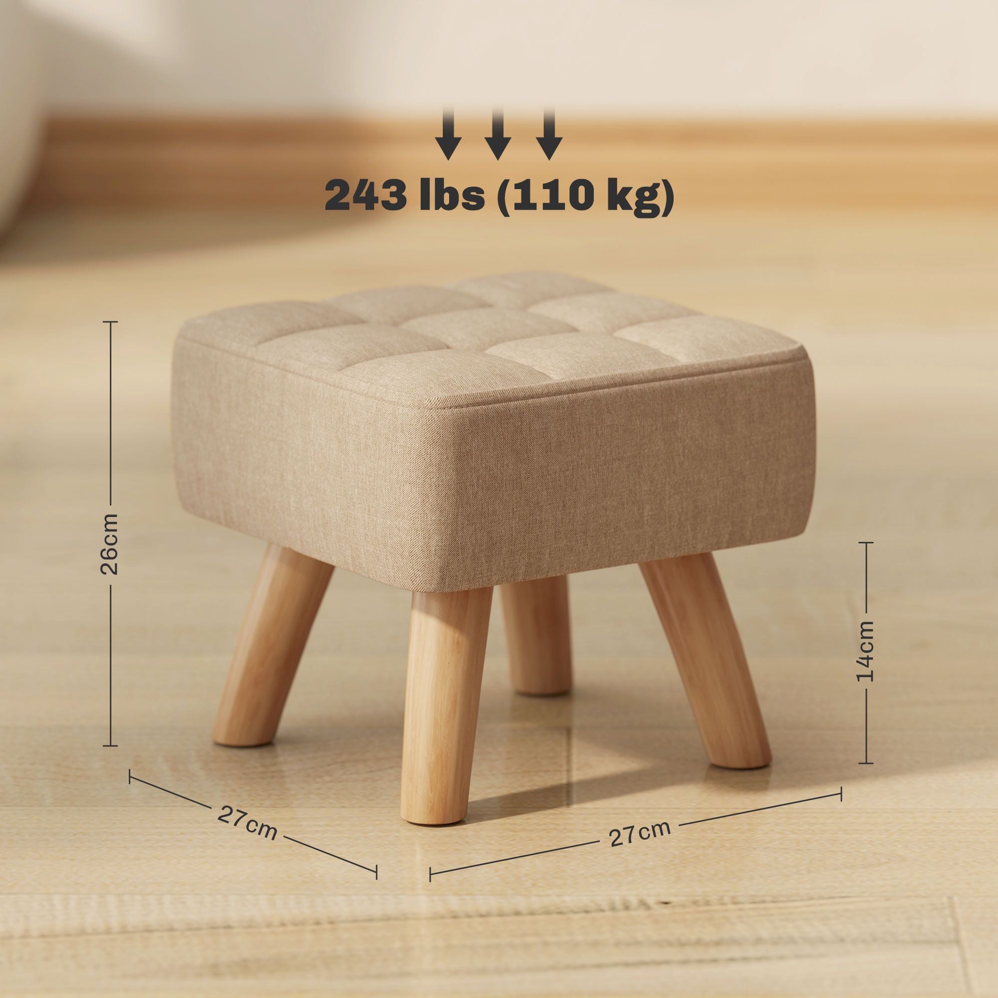 Brun fotpall i linne-look, stoppad, 110 kg kapacitet