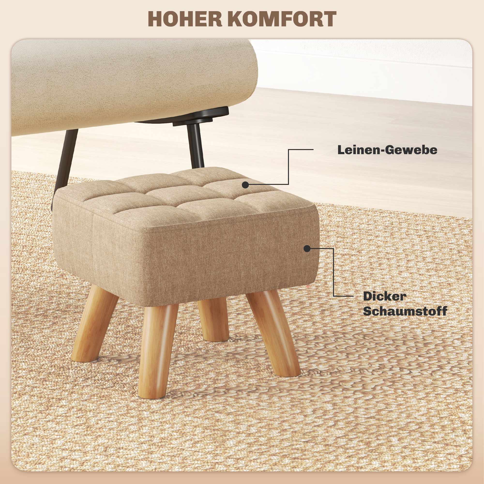 Brun fotpall i linne-look, stoppad, 110 kg kapacitet