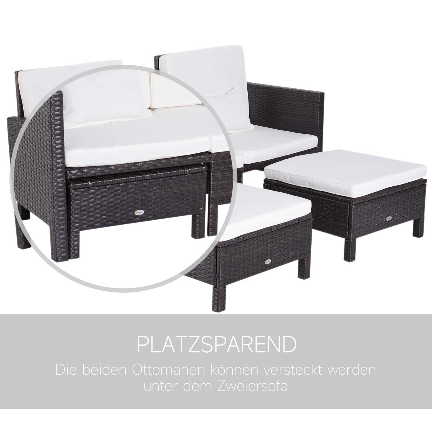Brun polyrattan trädgårdssoffset med kuddar