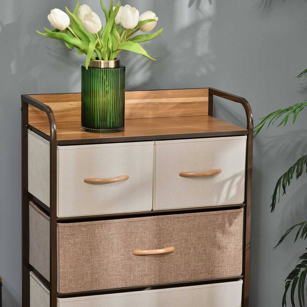 Brunt förvaringsskåp med 5 hopfällbara tyglådor