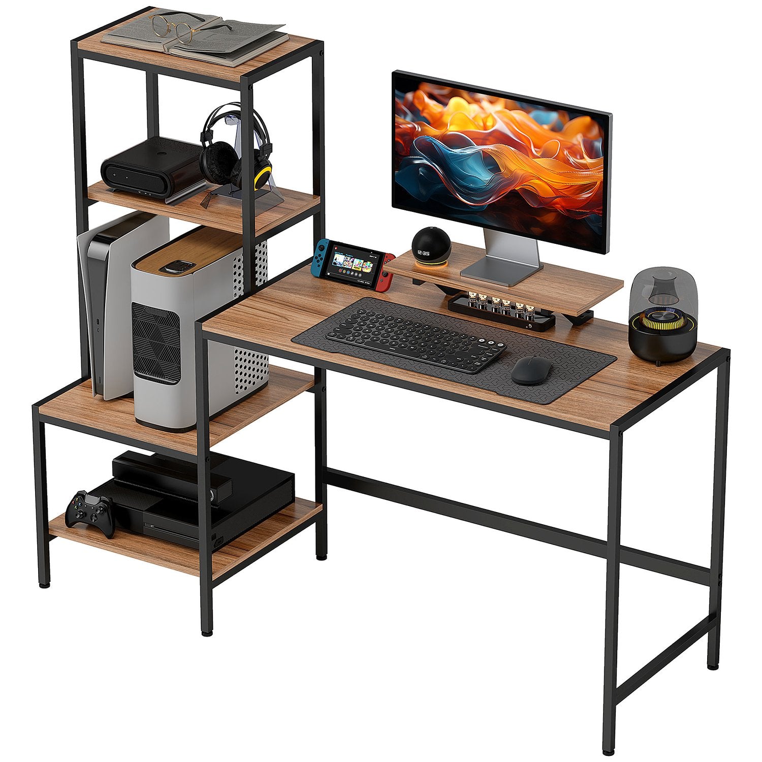 Brunt skrivbord med bildskärm och CPU-stativ, 4 hyllplan – 150x48x125 cm