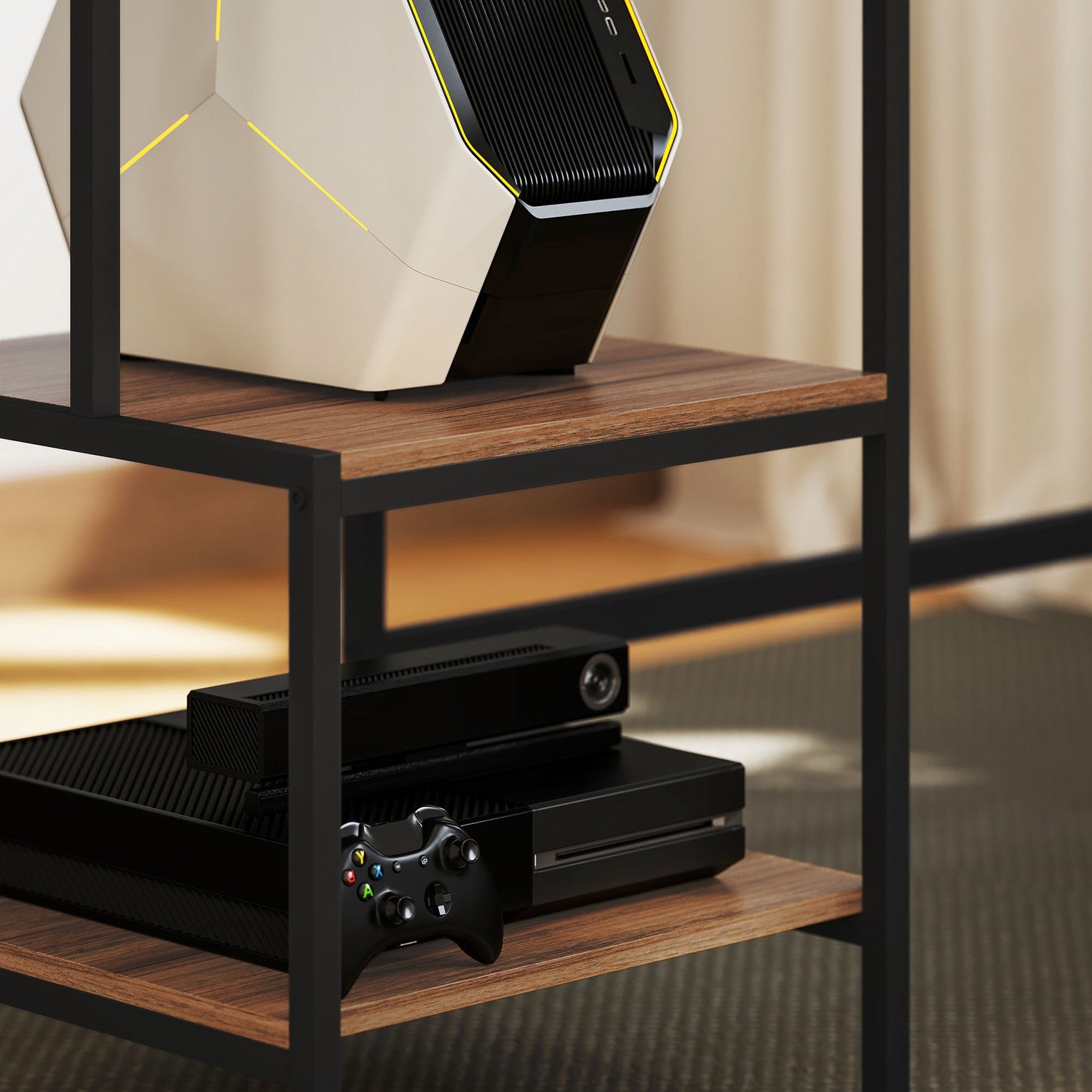 Brunt skrivbord med bildskärm och CPU-stativ, 4 hyllplan – 150x48x125 cm