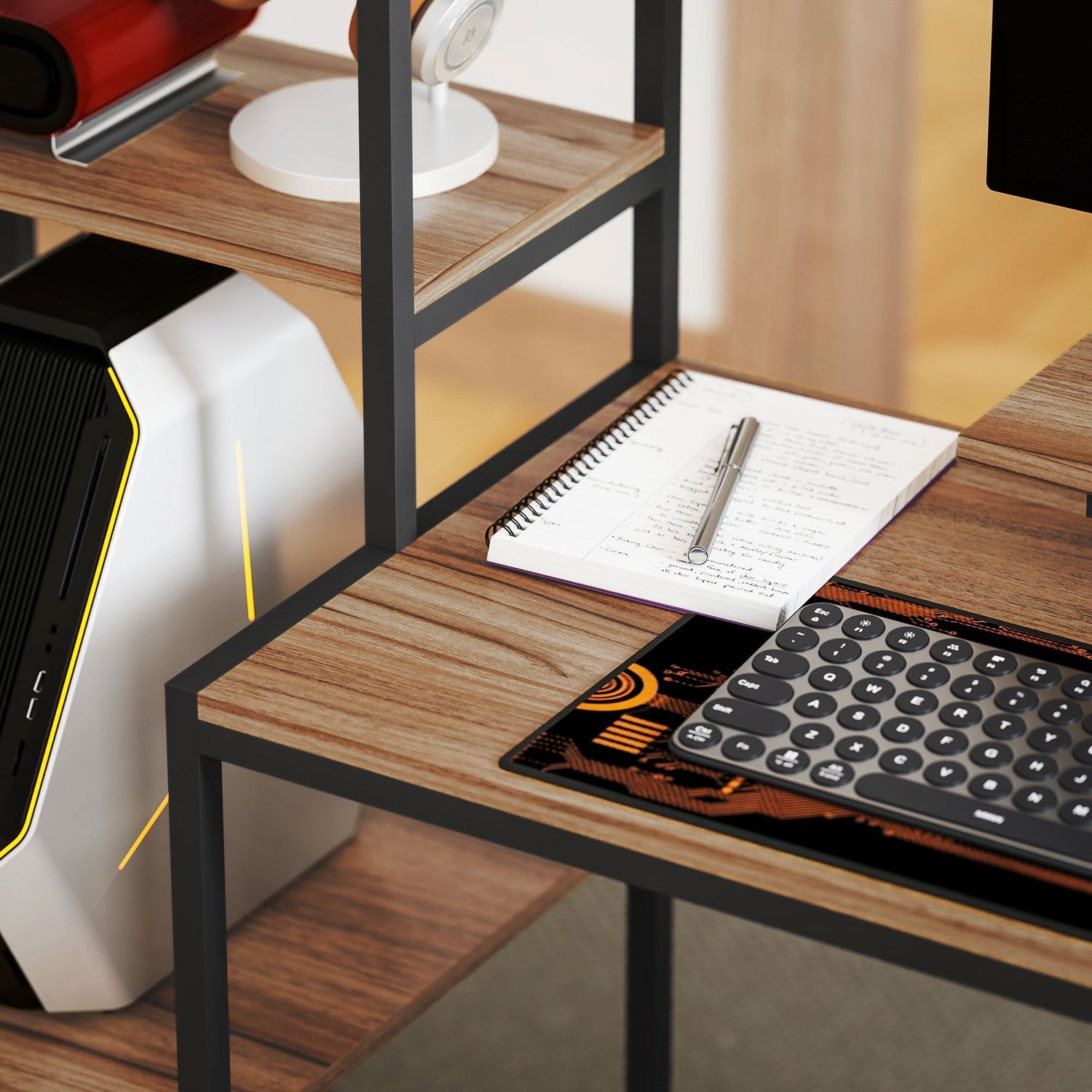 Brunt skrivbord med bildskärm och CPU-stativ, 4 hyllplan – 150x48x125 cm