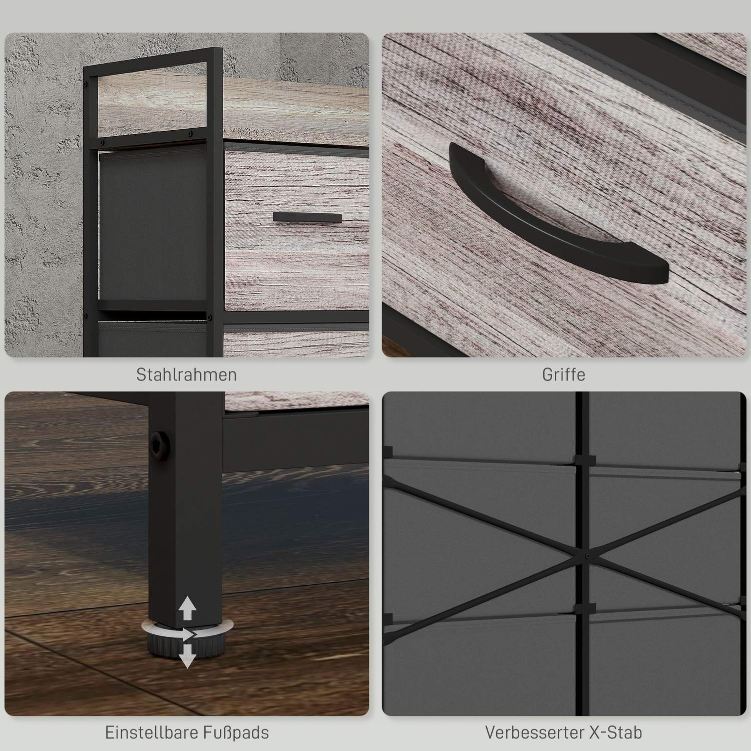 Byrå av tyg, förvaringsskåp med 6 lådor, grå