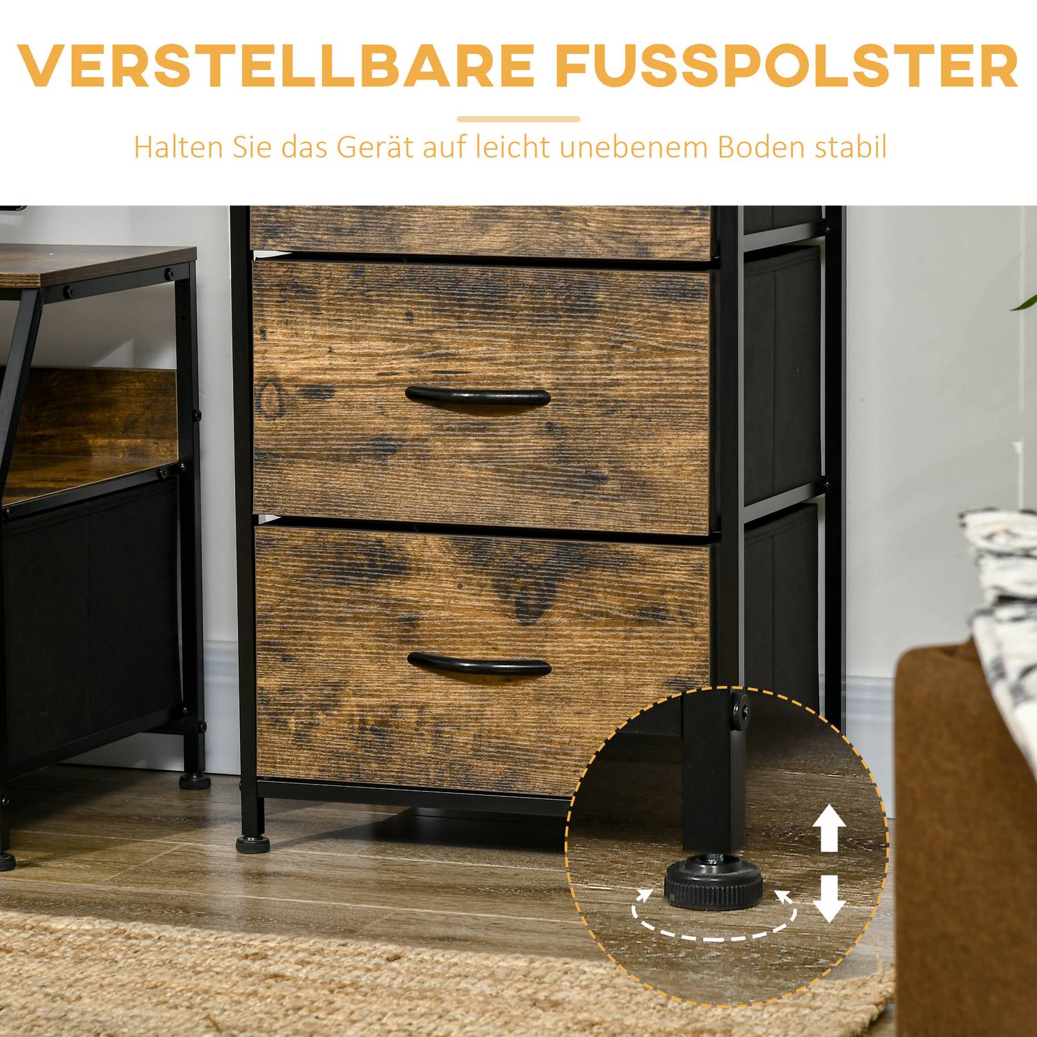 Byrå av tyg med stålram och hylla