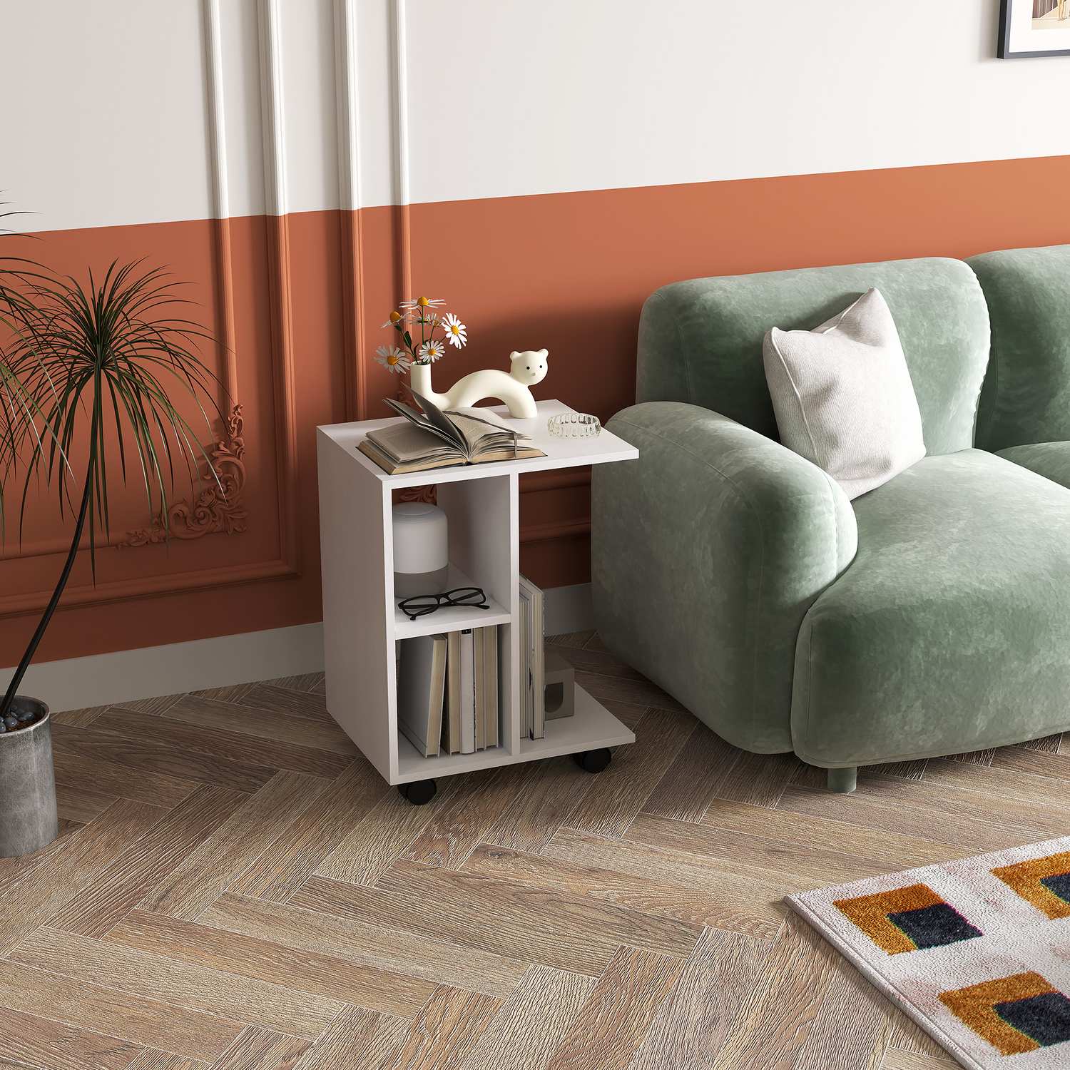 C Shape sidobord med hjul för små utrymmen, vit