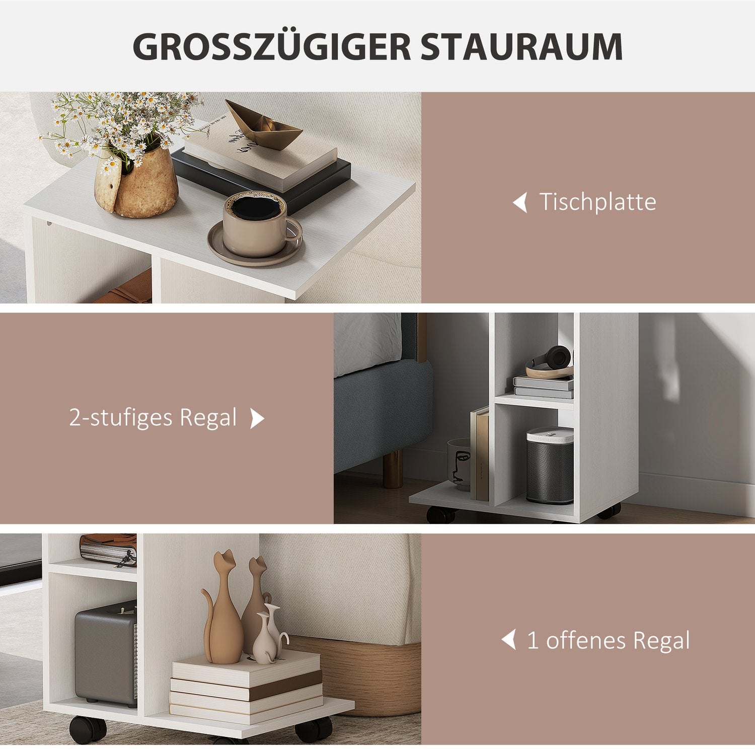 C Shape sidobord med hjul för små utrymmen, vit