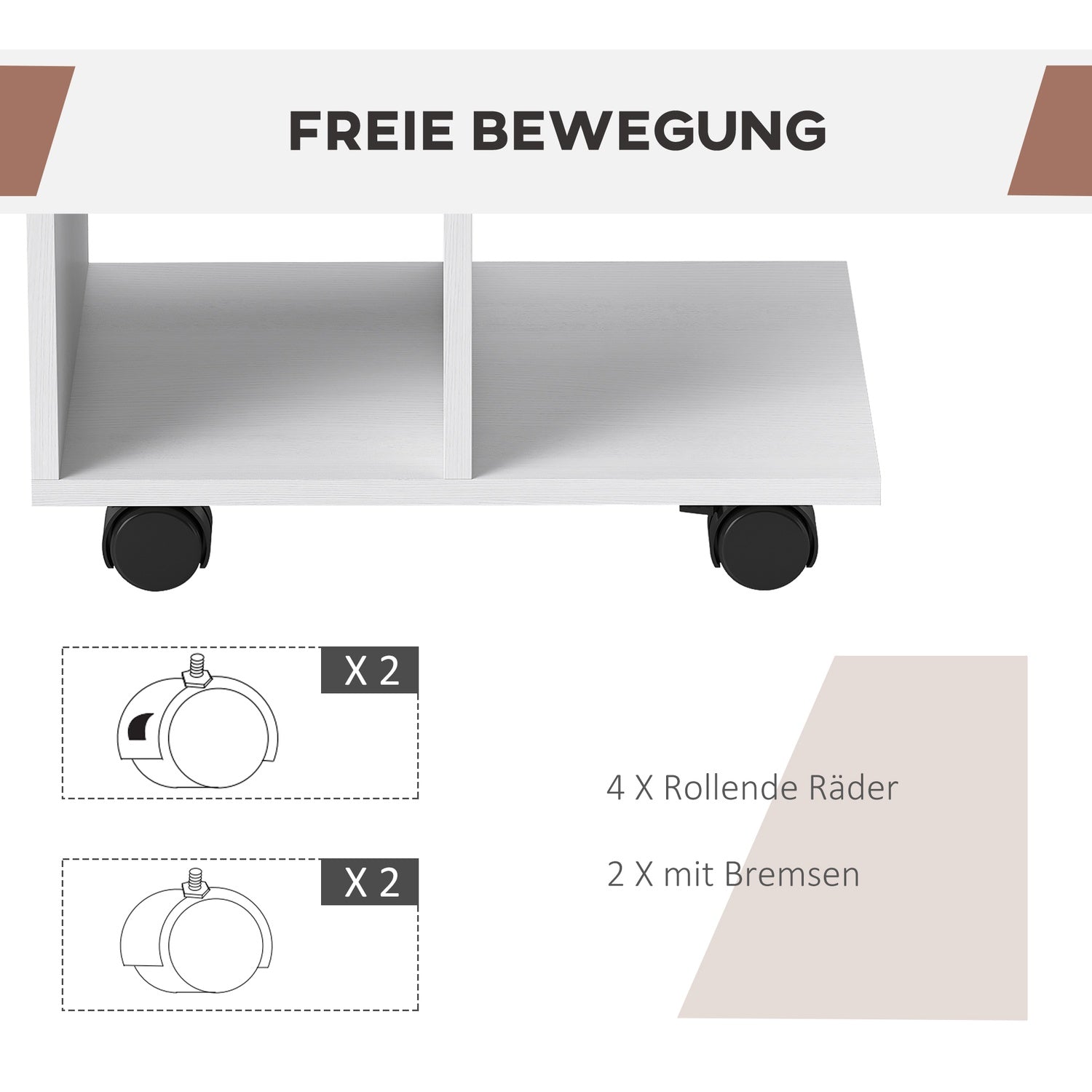 C Shape sidobord med hjul för små utrymmen, vit