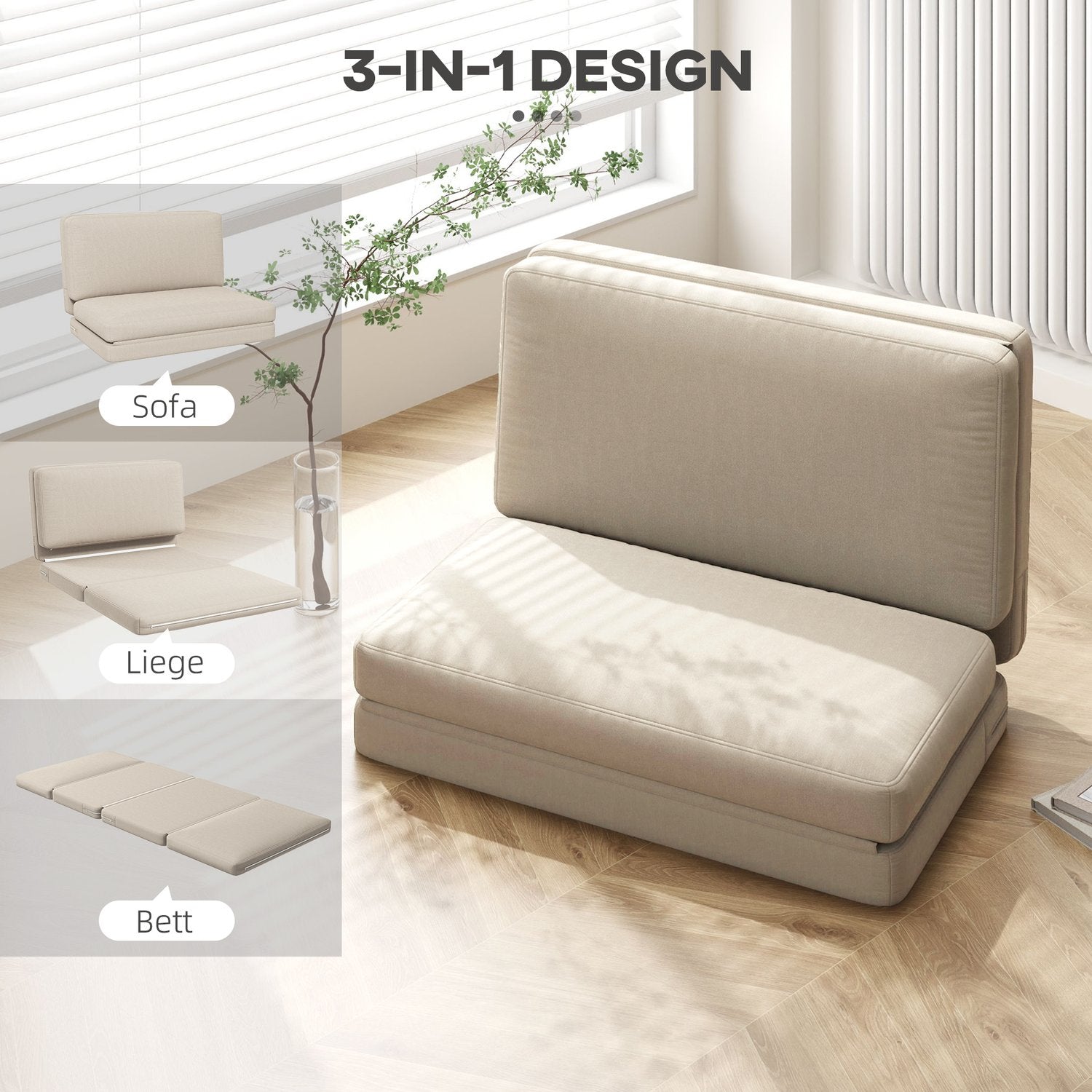 Cabriolet 3-i-1 bäddsoffa, sammetslook, beige, kapacitet 240 kg