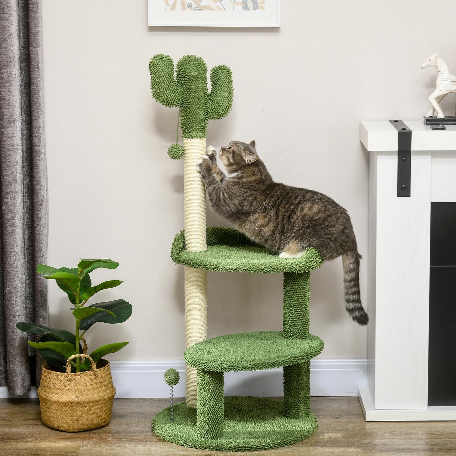 Kløestolpe 111 cm Cat-skrapestolpe med 2 nivåer og lekeball, for katter opptil 10 kg, sisal, grønn