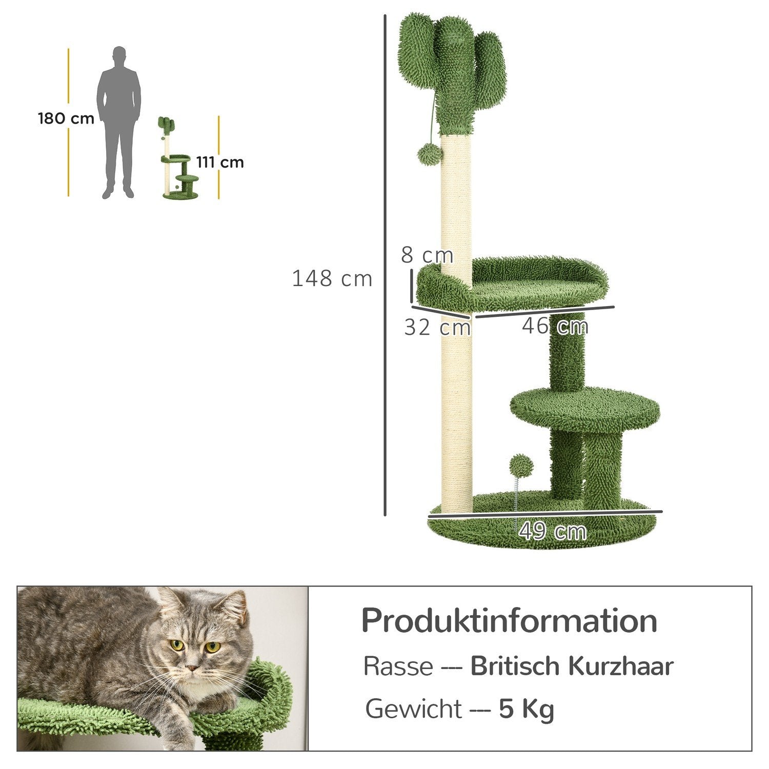 Kløestolpe 111 cm Cat-skrapestolpe med 2 nivåer og lekeball, for katter opptil 10 kg, sisal, grønn