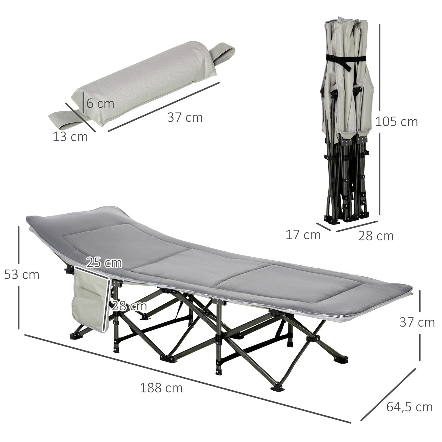 Campingseng, teltseng, sammenleggbar seng med pute, sidelomme, madrass, lys grå, opptil 150 kg