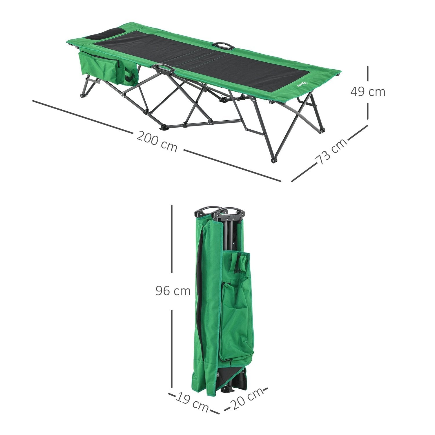 Campingseng, teltseng, sammenleggbar seng med sidelomme, drikkeholder, lastekapasitet opptil 136 kg, stål Oxford grønn + svart, 200 X 73 X 49 Cm