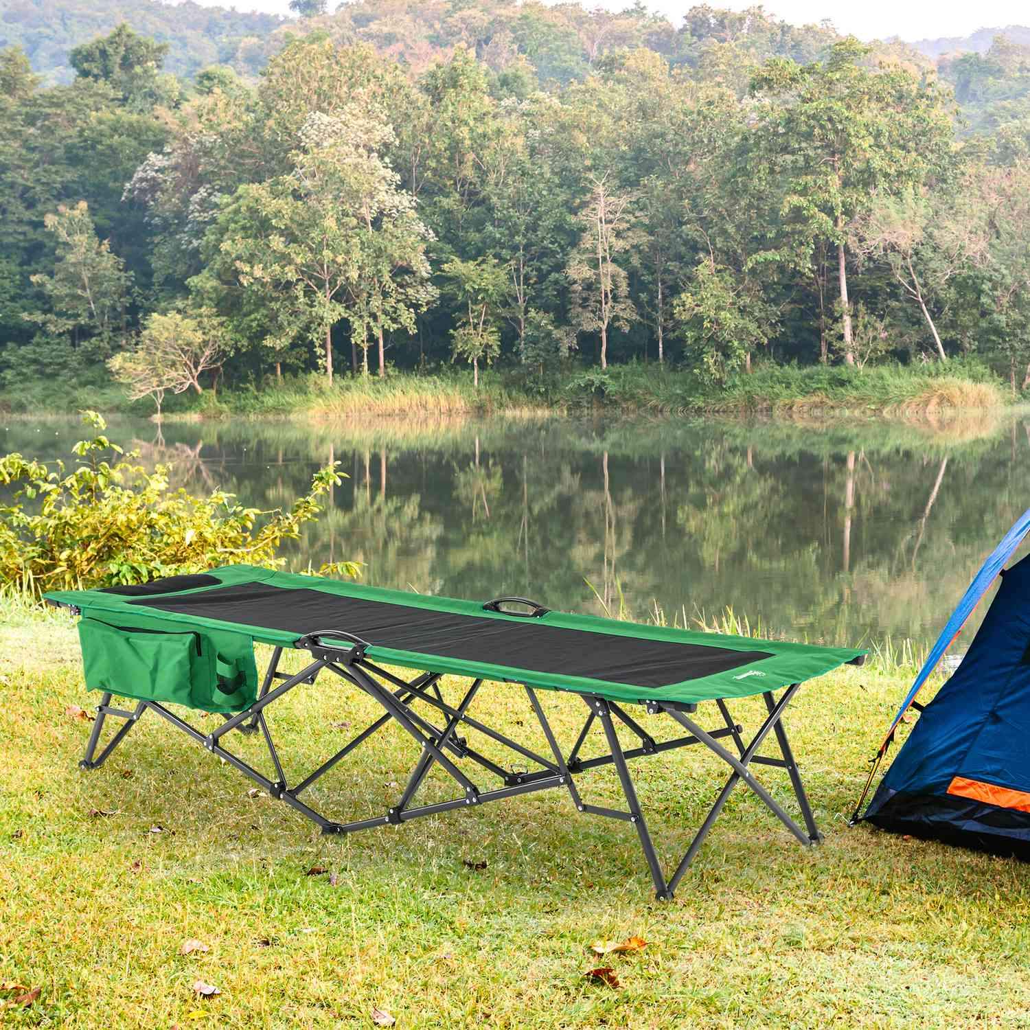 Campingseng, teltseng, sammenleggbar seng med sidelomme, drikkeholder, lastekapasitet opptil 136 kg, stål Oxford grønn + svart, 200 X 73 X 49 Cm