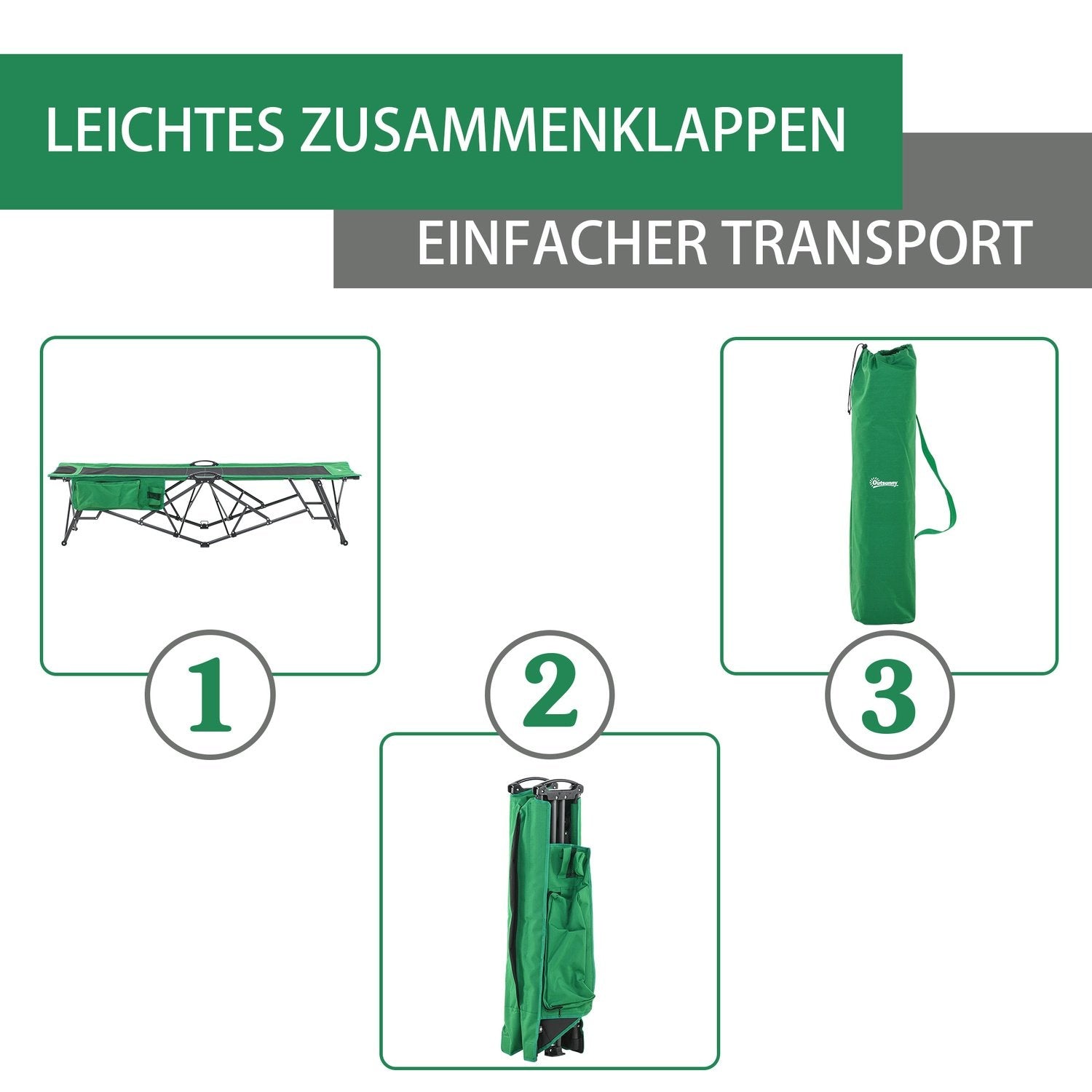 Campingseng, teltseng, sammenleggbar seng med sidelomme, drikkeholder, lastekapasitet opptil 136 kg, stål Oxford grønn + svart, 200 X 73 X 49 Cm