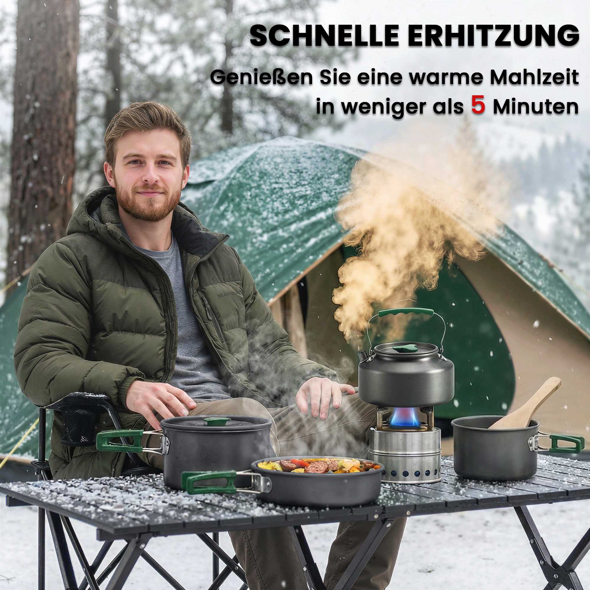 Campingkokkärlsset, 5 delar, skållningssäkra handtag, grå