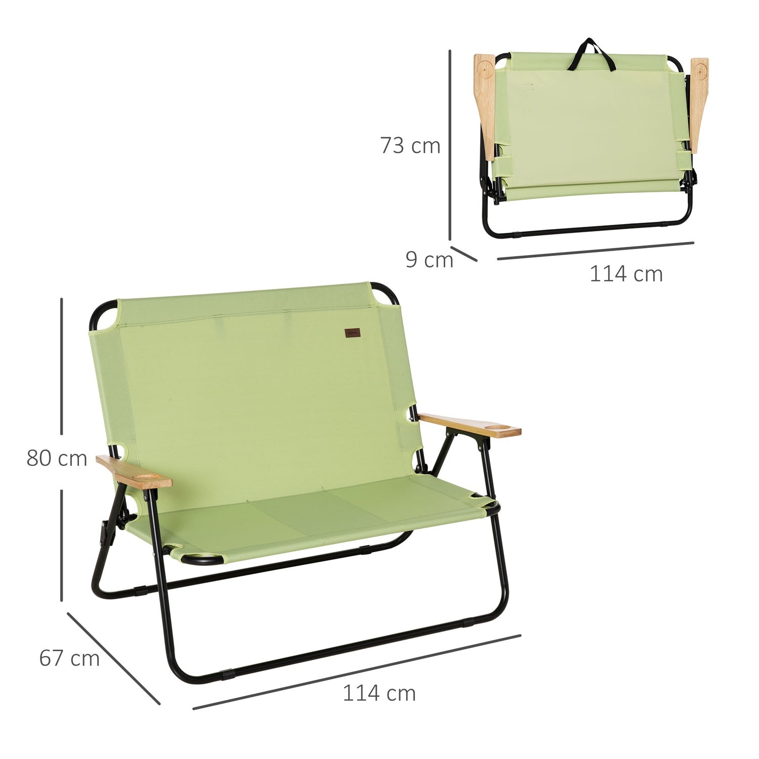 2-sits hopfällbar campingstol med mugghållare, ljusgrön