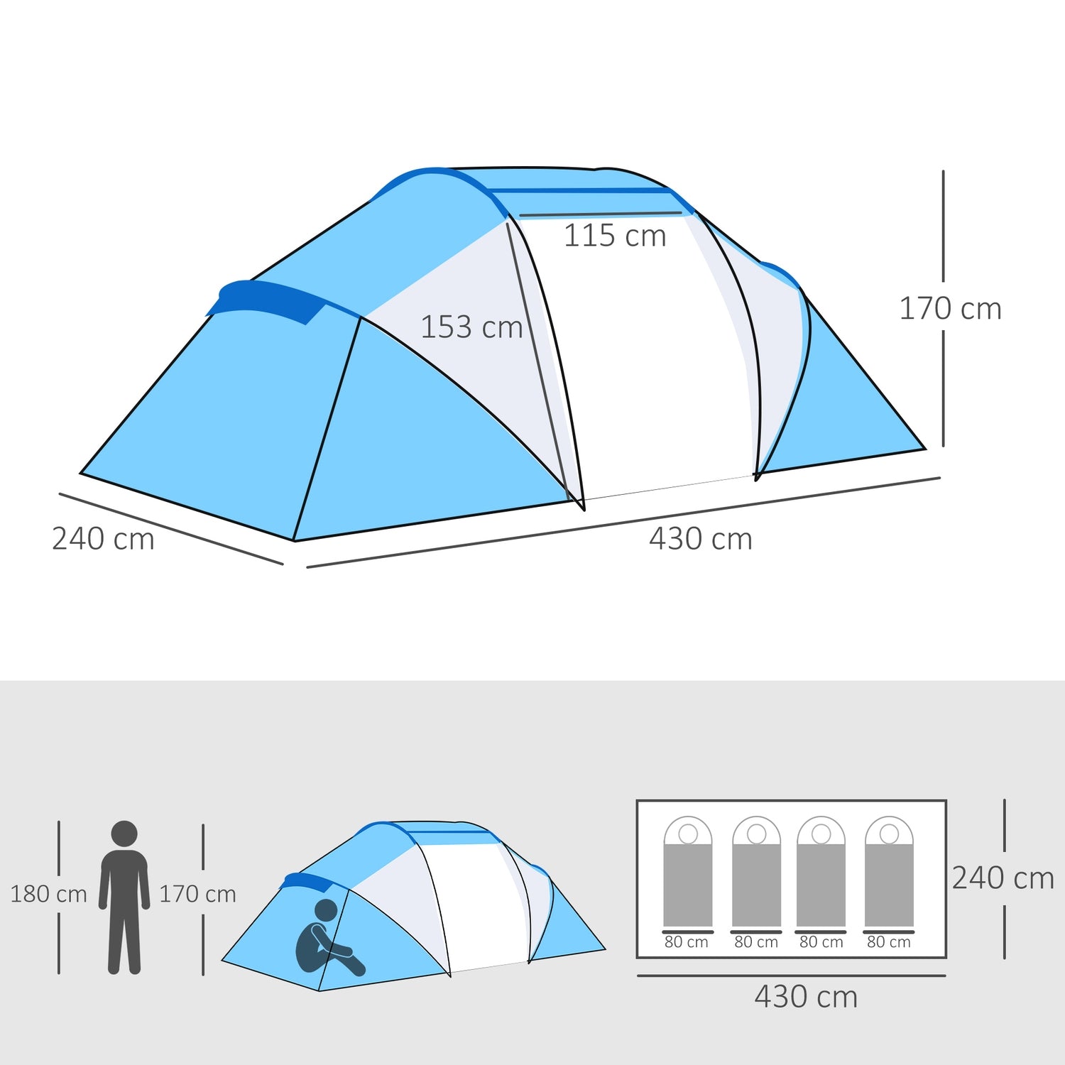 Campingtunneltält för 4-6 personer, 2 stugor, blått