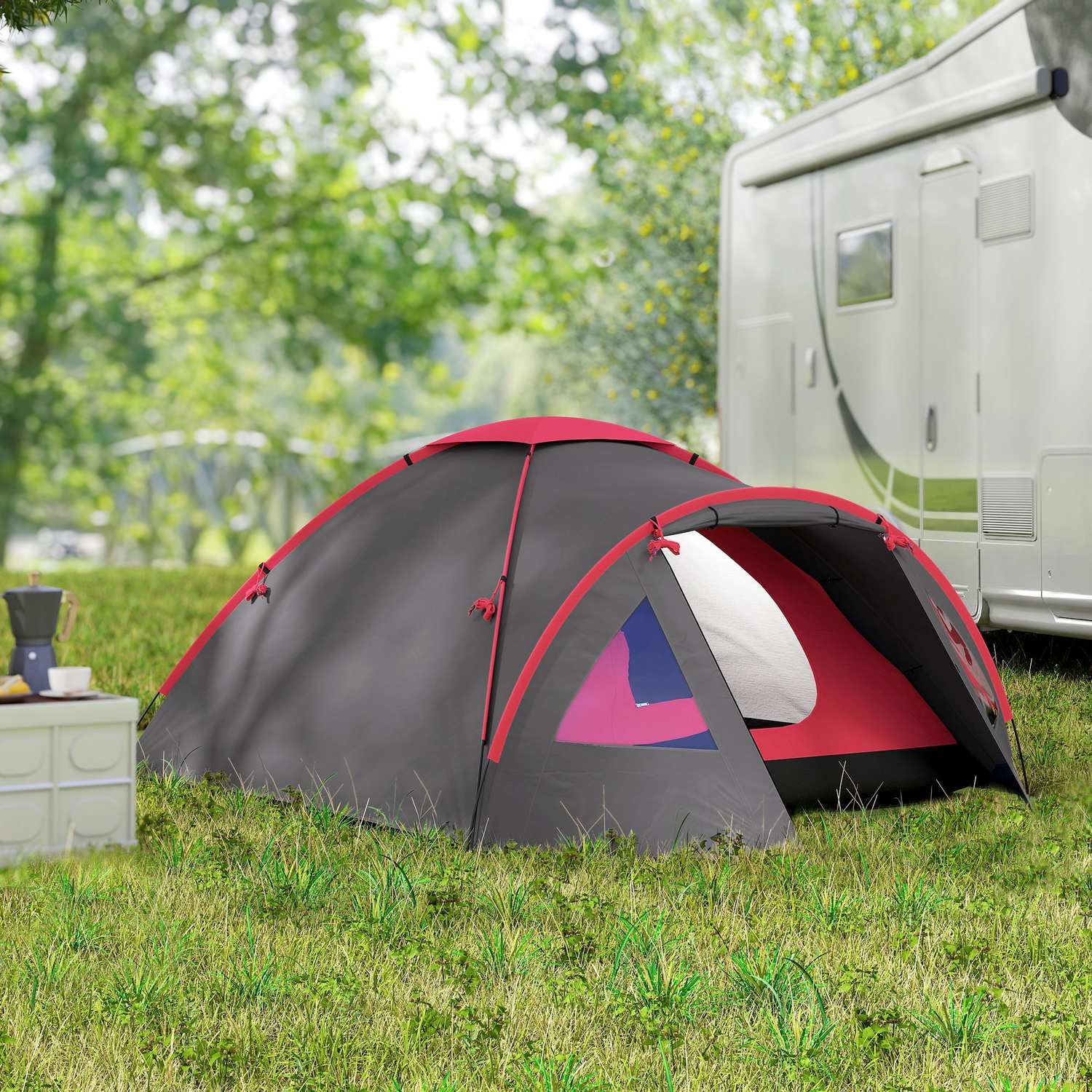 Campingtält för 3 personer, lätt, stabilt, vattentätt, UV 50+, med kapell, dörr, fönster, markduk, grå