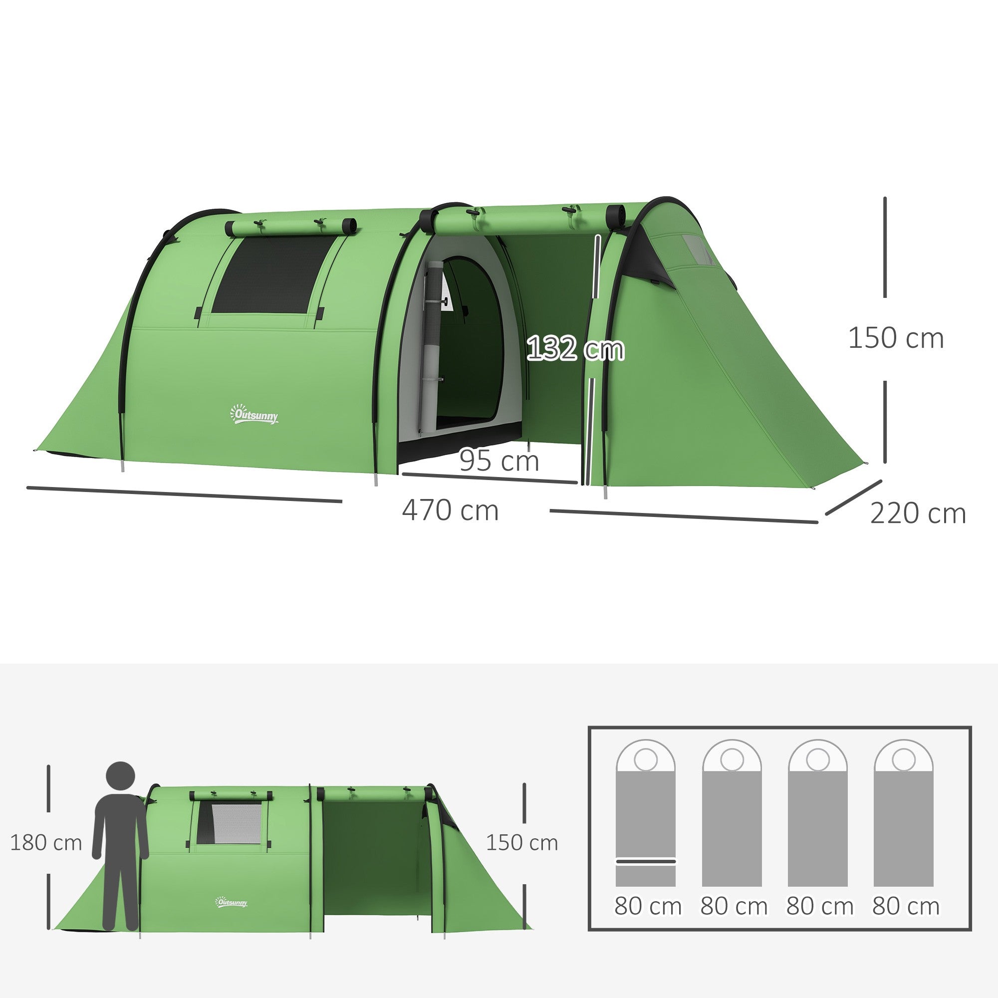 Campingtält för 4, Vattentätt, 2-rums, Mörkgrönt