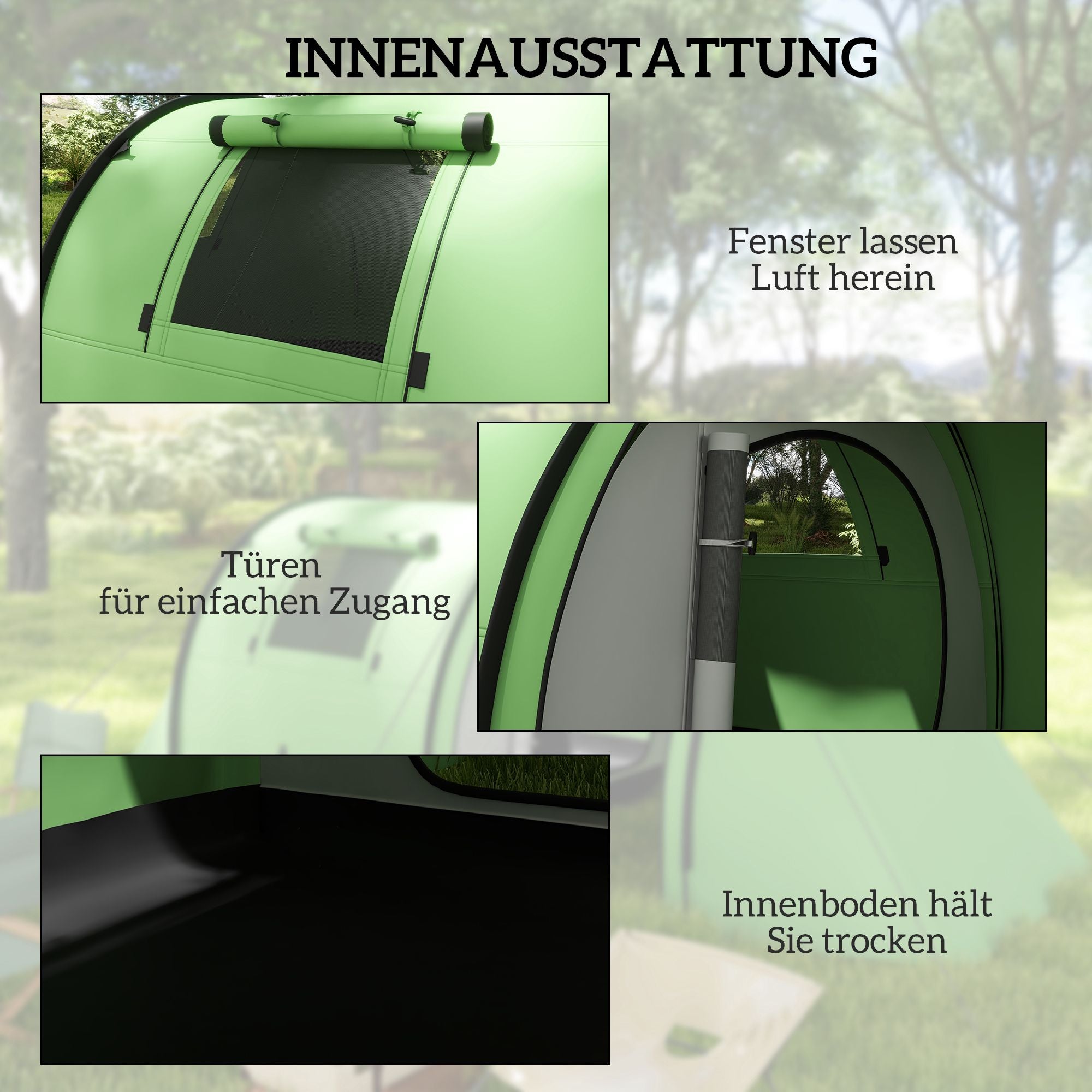 Campingtält för 4, Vattentätt, 2-rums, Mörkgrönt