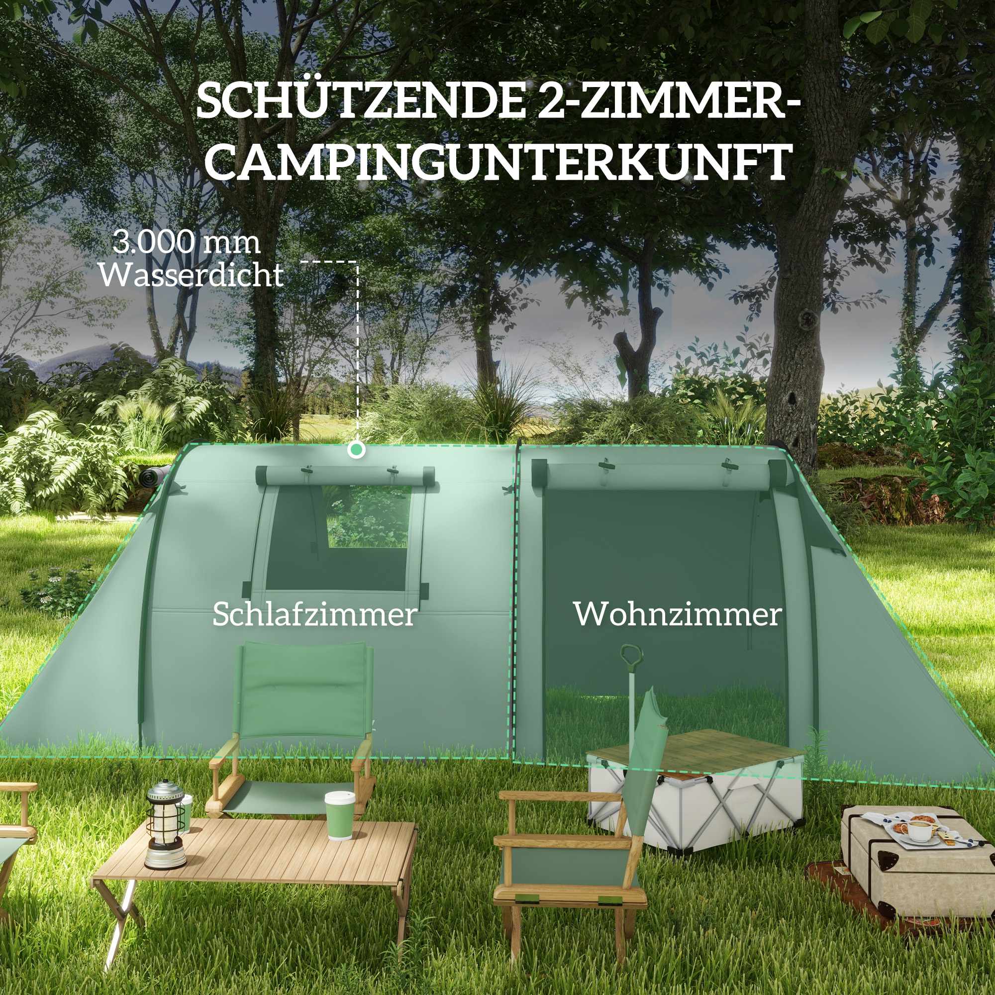 Campingtält för 4 personer, vattentätt, design med 2 rum