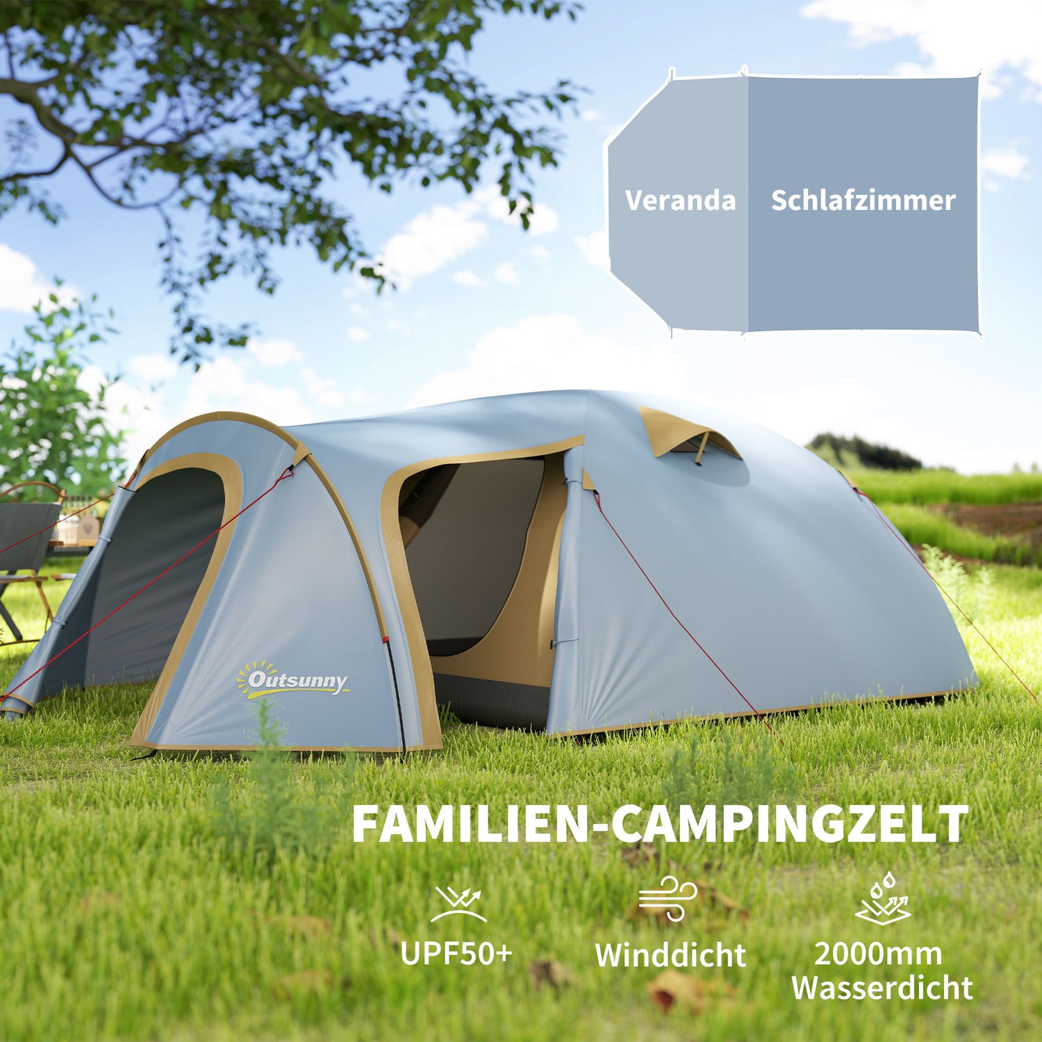 Campingtält för 4 personer, vattentätt tunneltält med 2 dörrar och krokar, packpåse, 3,45 x 2,4 x 1,3 m, ljusblått