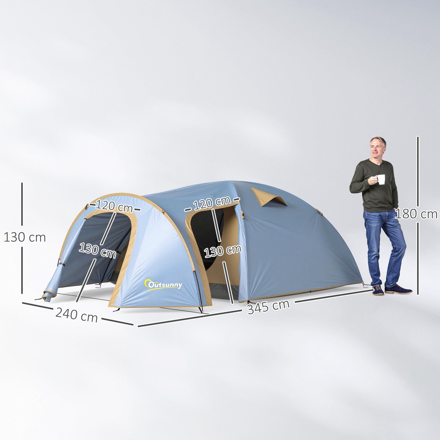 Campingtält för 4 personer, vattentätt tunneltält med 2 dörrar och krokar, packpåse, 3,45 x 2,4 x 1,3 m, ljusblått