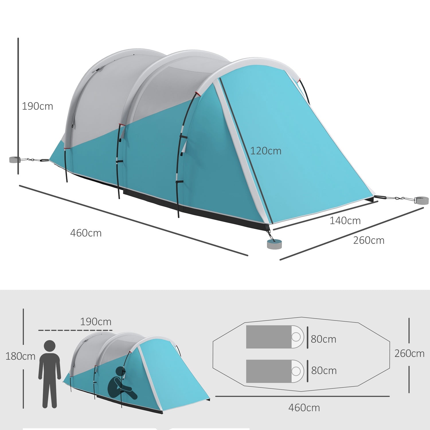Campingtält för 5, 2 rum, vattentätt, bärväska