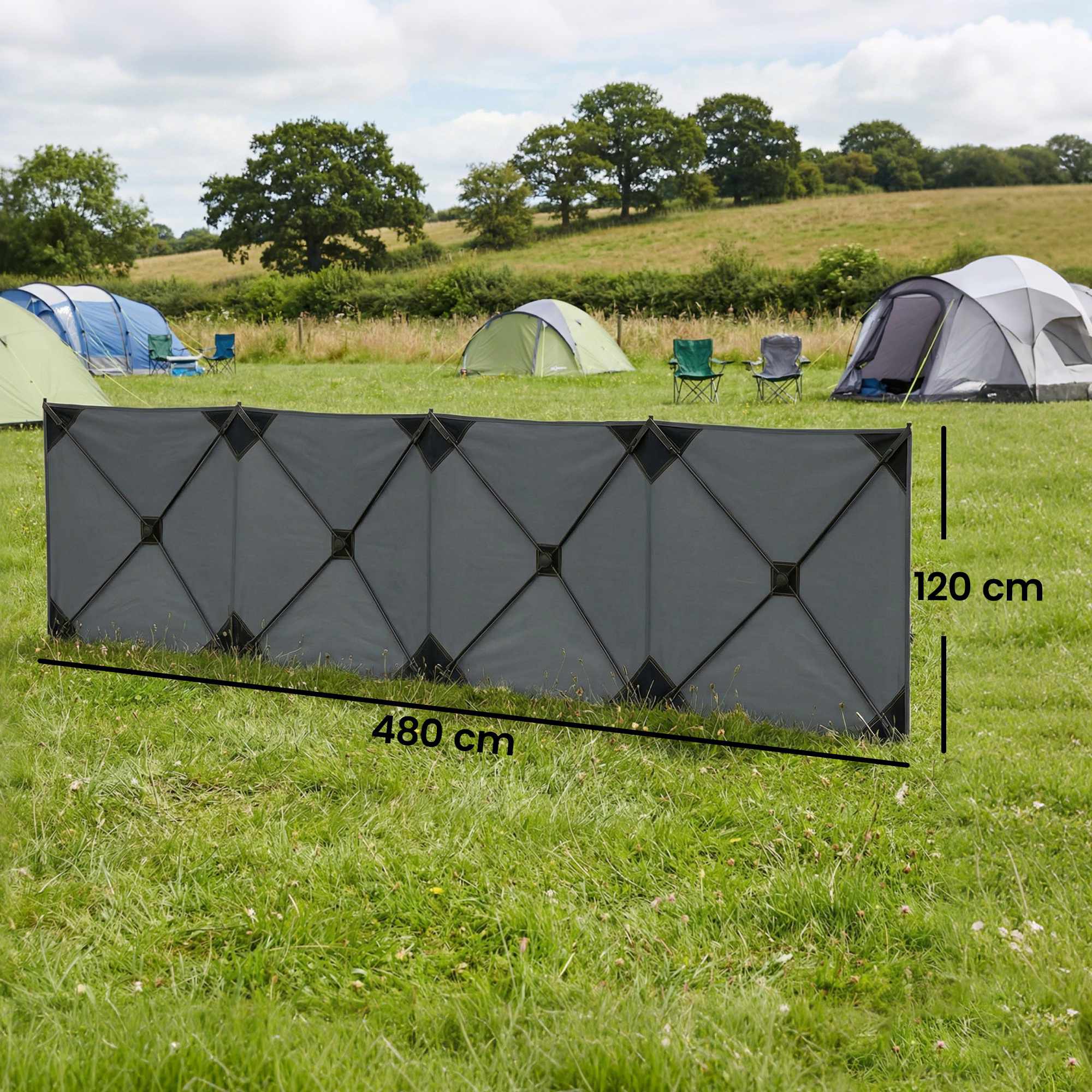 Campingvindskydd 480x120 cm mörkgrått, hopfällbart med väska