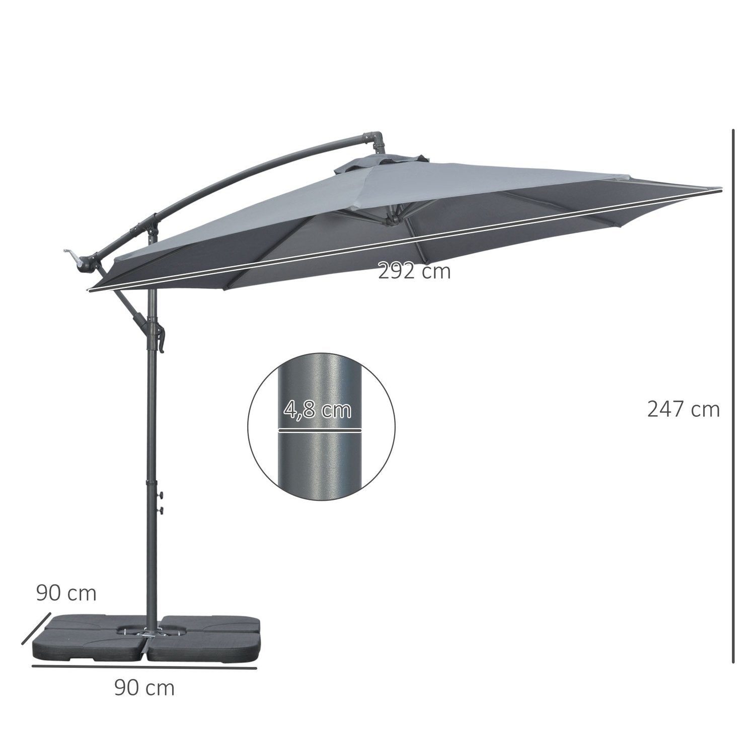 Cantilever Paraply, Ø2,92 M Parasoll Med Håndsveiv, Vekter, Hageparaply Med Paraply Deksel, Cross Base, Stål, Oxford Dark Grey