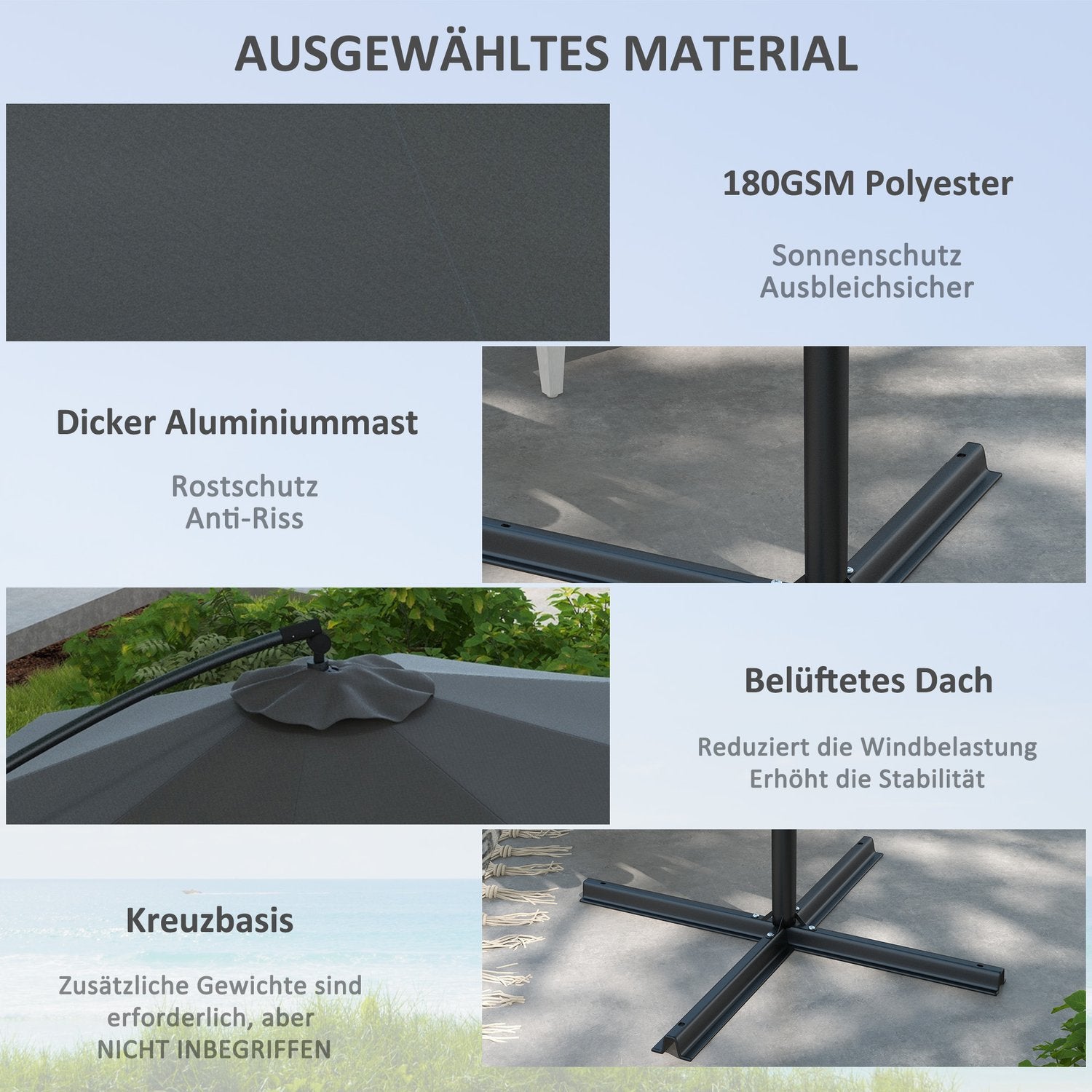 Cantilever uteplatsparaply, Ø293 Cm, Vev & Tilt, Cross Base