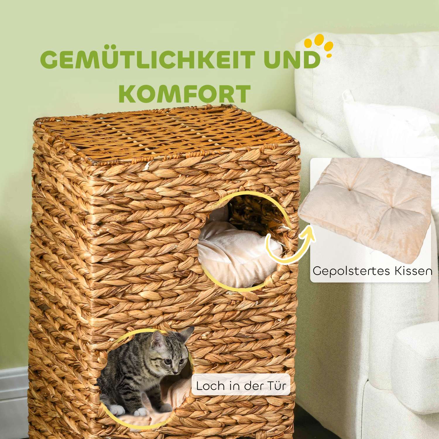 Cat Barrel Tower, 76 cm, 3 grottor, vattenhyacint, ljusbrun