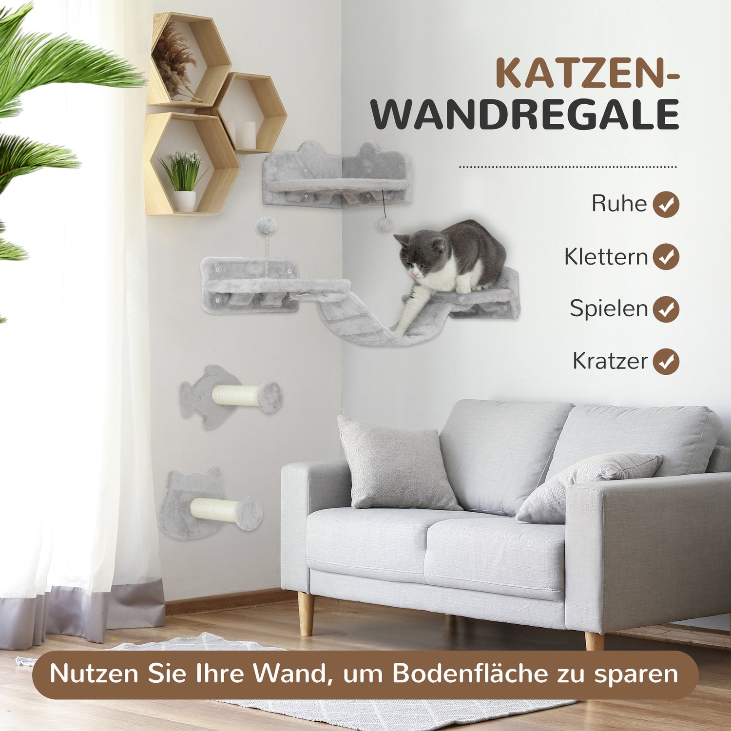 Cat Climbing Wall Set, 4-delat med trappsteg och sisalstolpar