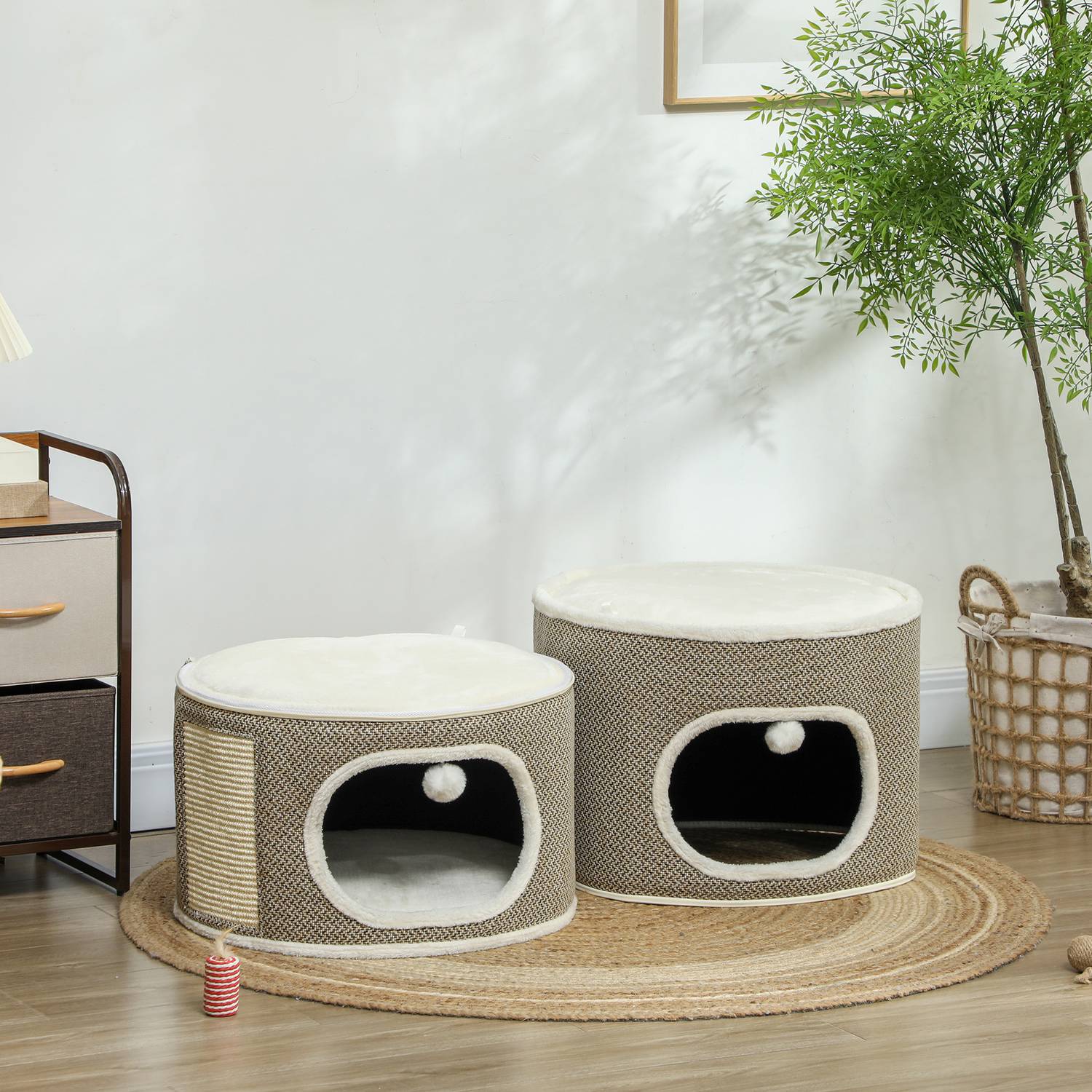 Cat Scratching Barrel – 2 grottor, sisal, 69 cm, kaffe/grädde