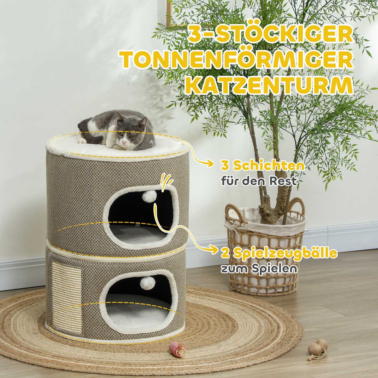Cat Scratching Barrel – 2 grottor, sisal, 69 cm, kaffe/grädde