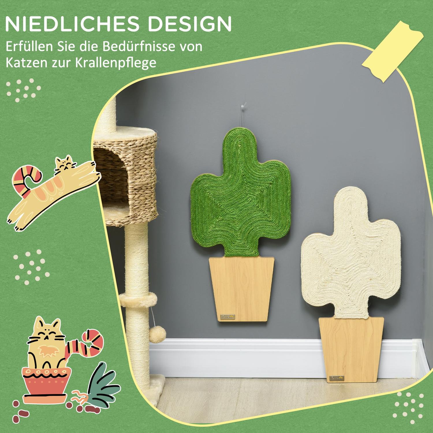 Cat Scratching Matt Set, Jute Rep, Cactus Design, 30x60 cm