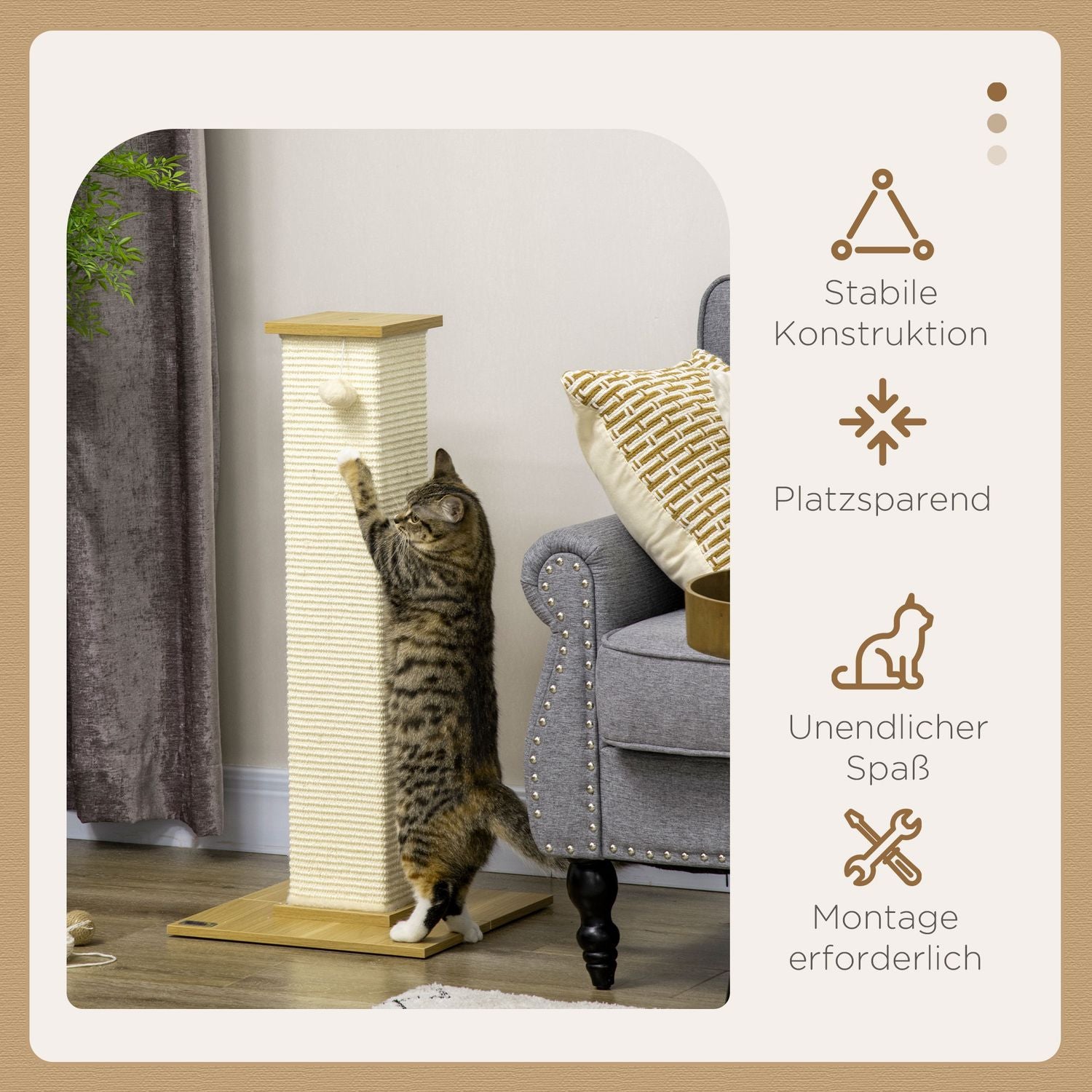 Cat Scratching Post 80cm – Sisal Rep, Play Ball, Ek/Cream