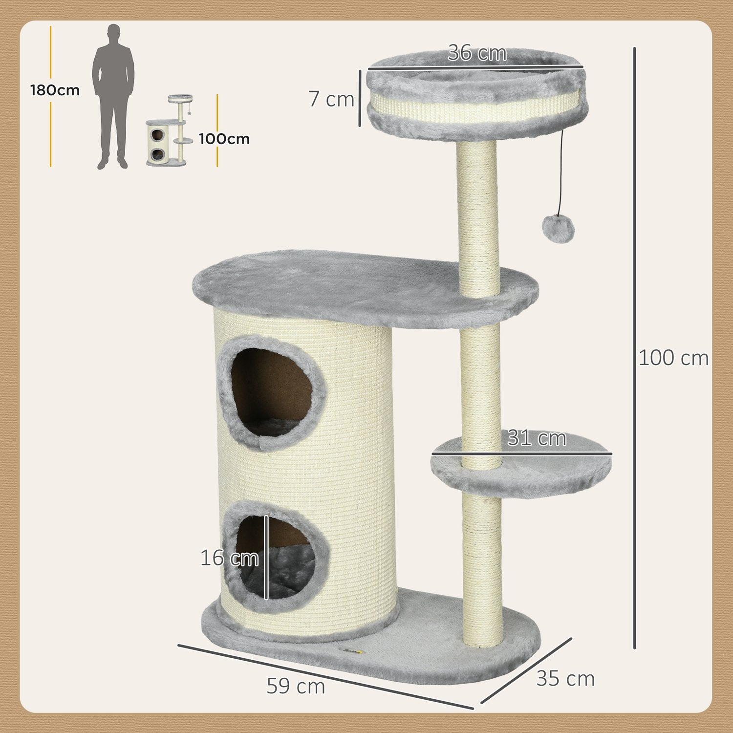 Cat Scratching Tower: 2 grottor, repstolpar, plysch, grå