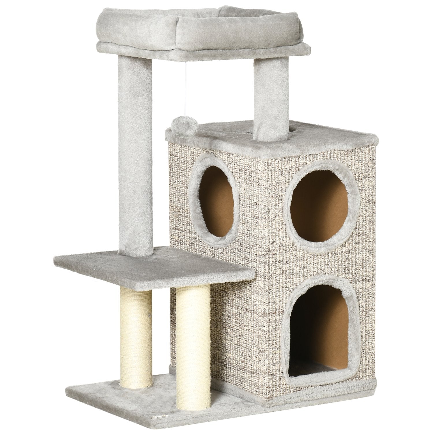 Cat Scratching Tower, ljusgrå – dubbla grottor och sisalstolpar, 91 cm