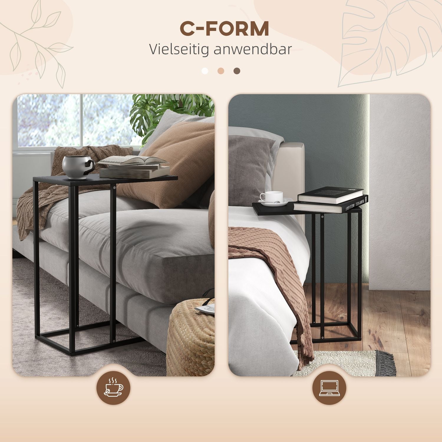 C-format sidobord – Stålram, sängbord och bärbar dator