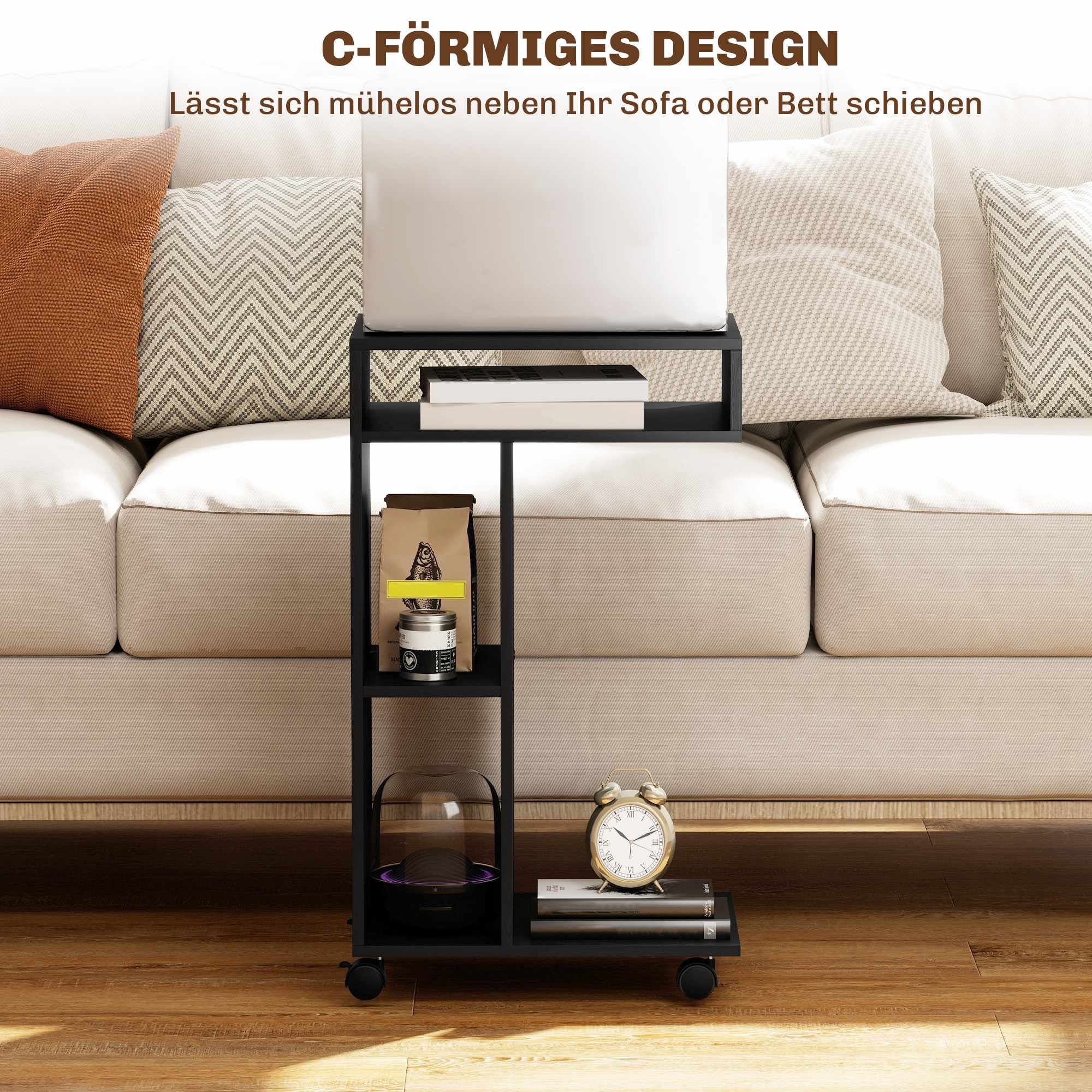C-format sidobord med hjul, 3 hyllor, 40x30x69 cm, svart
