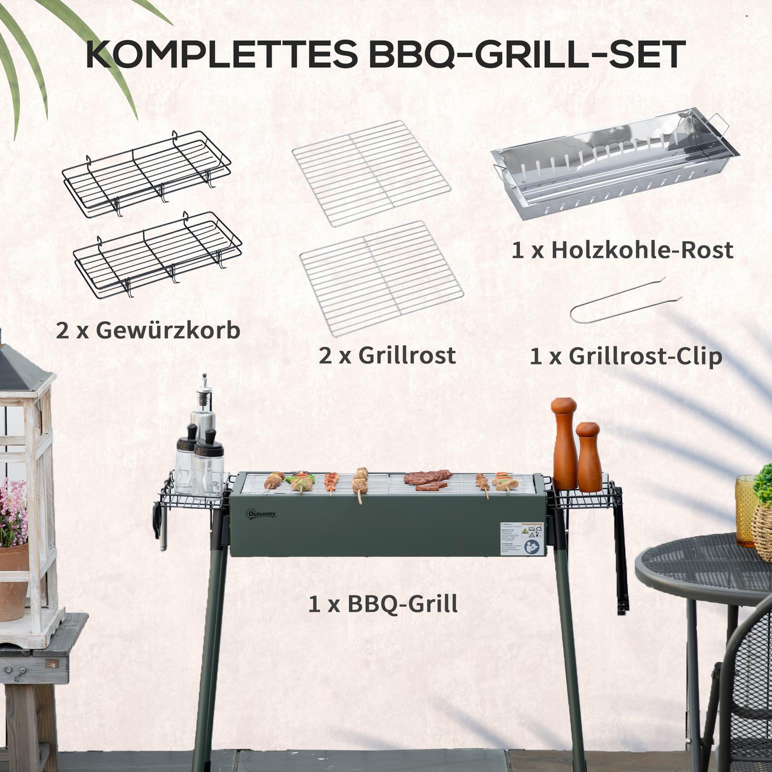 Kullgrill campinggrill med grillrist, grillristklemme, sidekurver, rustfritt stål + galvanisert metall, mørkegrønn