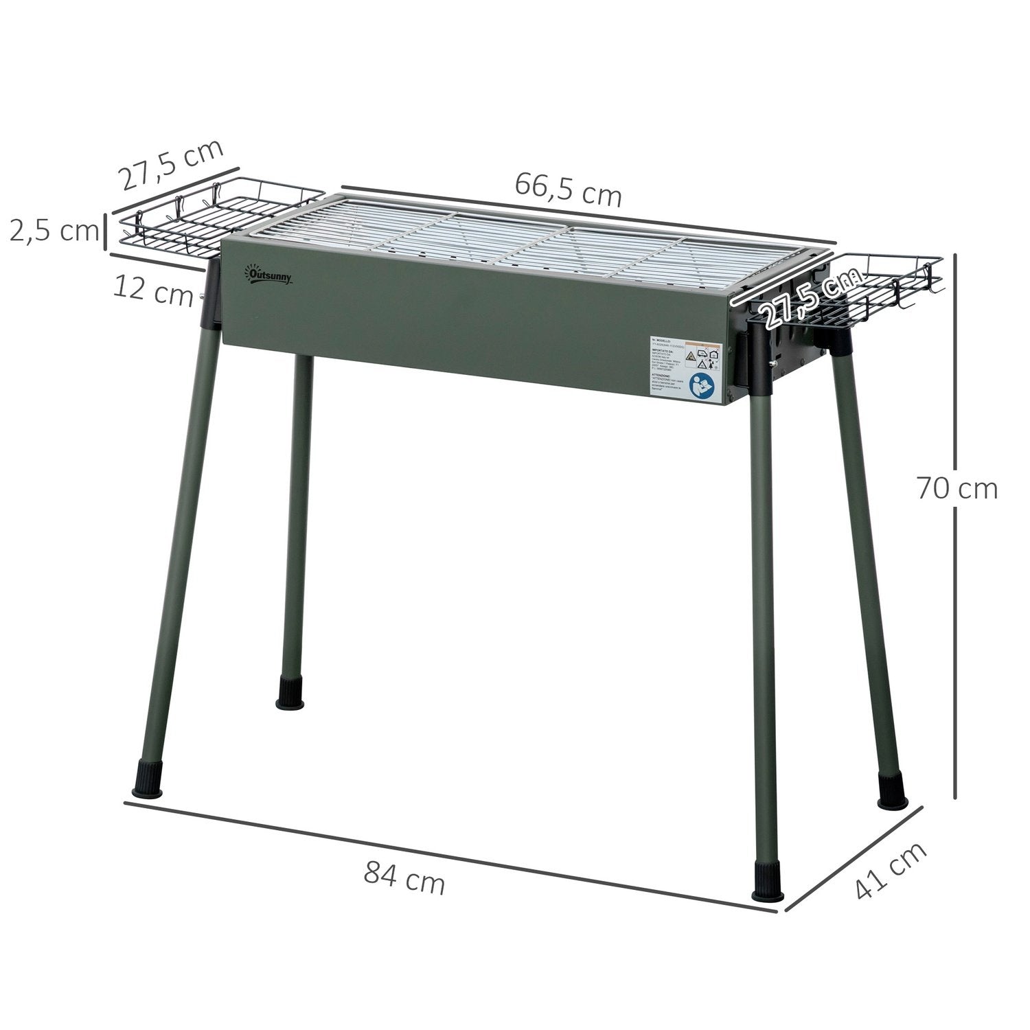 Kullgrill campinggrill med grillrist, grillristklemme, sidekurver, rustfritt stål + galvanisert metall, mørkegrønn