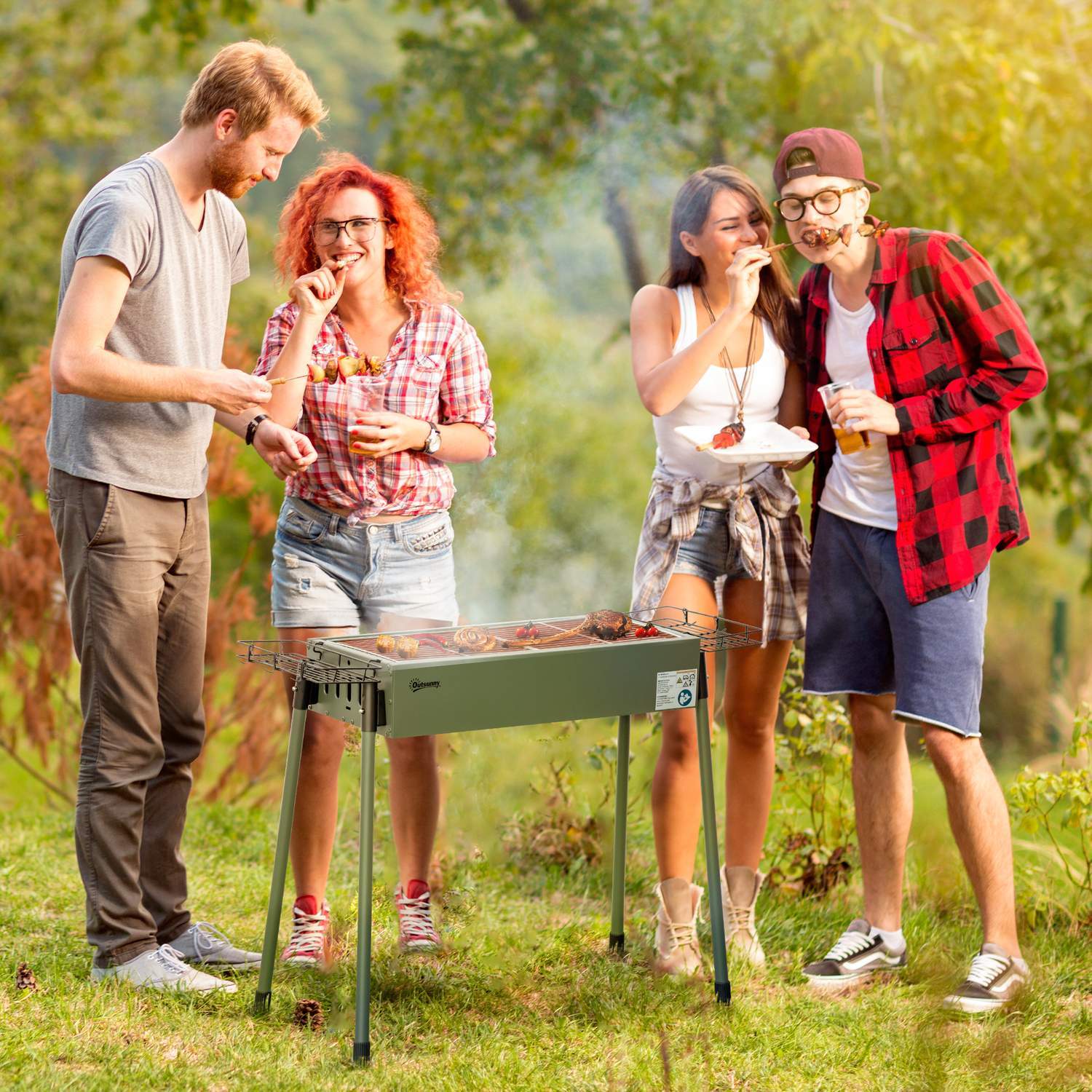 Kullgrill campinggrill med grillrist, grillristklemme, sidekurver, rustfritt stål + galvanisert metall, mørkegrønn